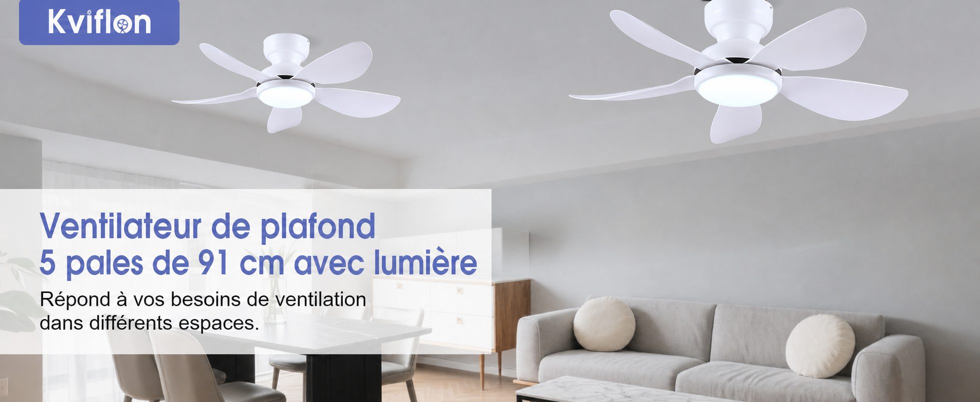 Kviflon ventilateur de plafond LED blanc 91 cm, 6 vitesses, 3 températures de couleur - visuel produit en français