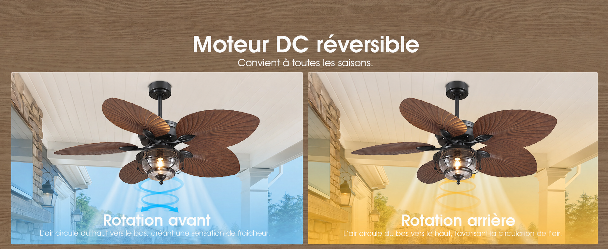 Kviflon ventilateur de plafond tropical LED 132 cm, pales palmier, IP44 — visuel produit en français