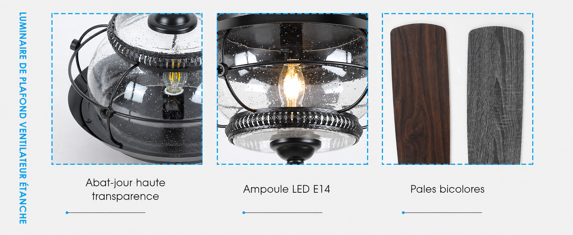 Kviflon ventilateur de plafond extérieur LED 132 cm, IP44 — visuel produit en français