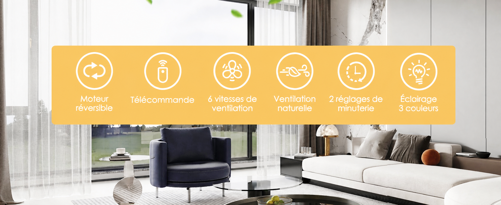 Kviflon ventilateur de plafond encastré marron 132 cm, LED, 8 pales — visuel produit en français
