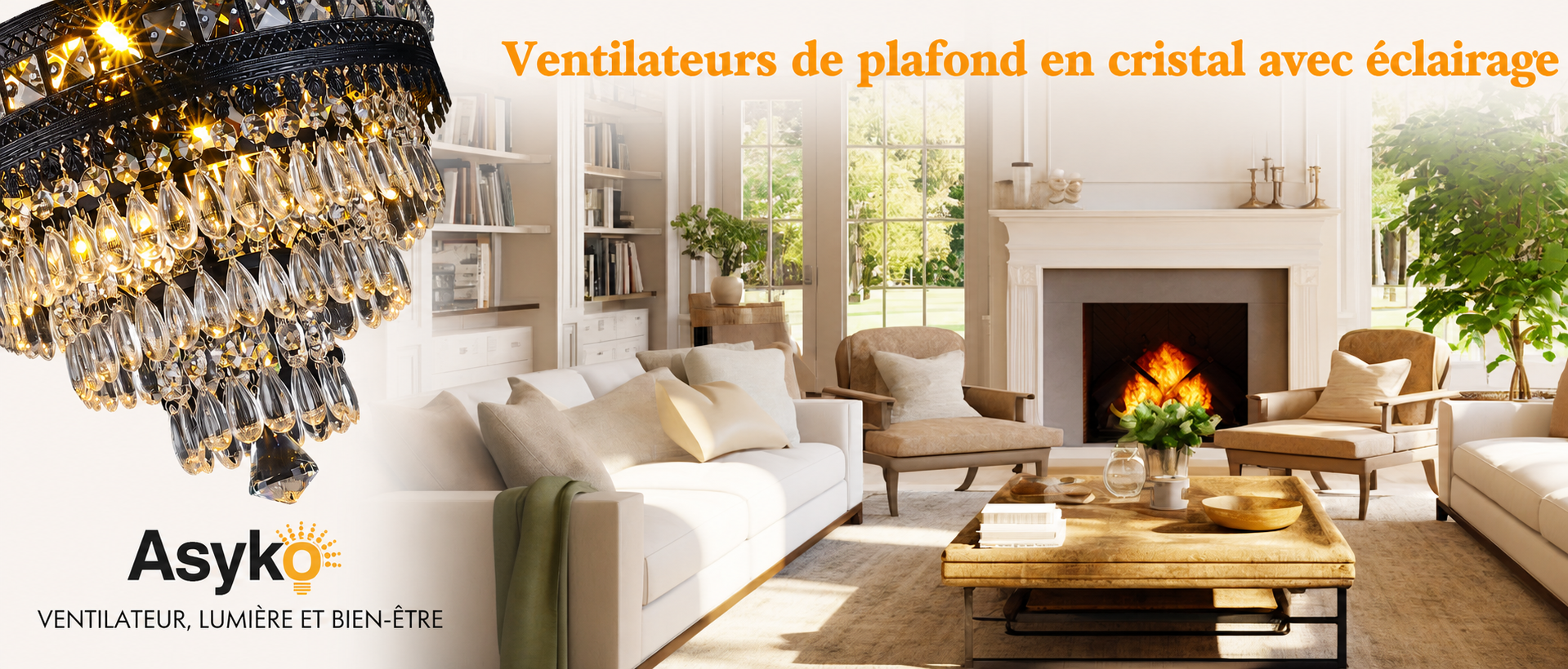 Kviflon ventilateur de plafond cristal doré 132 cm, télécommande — visuel produit en français