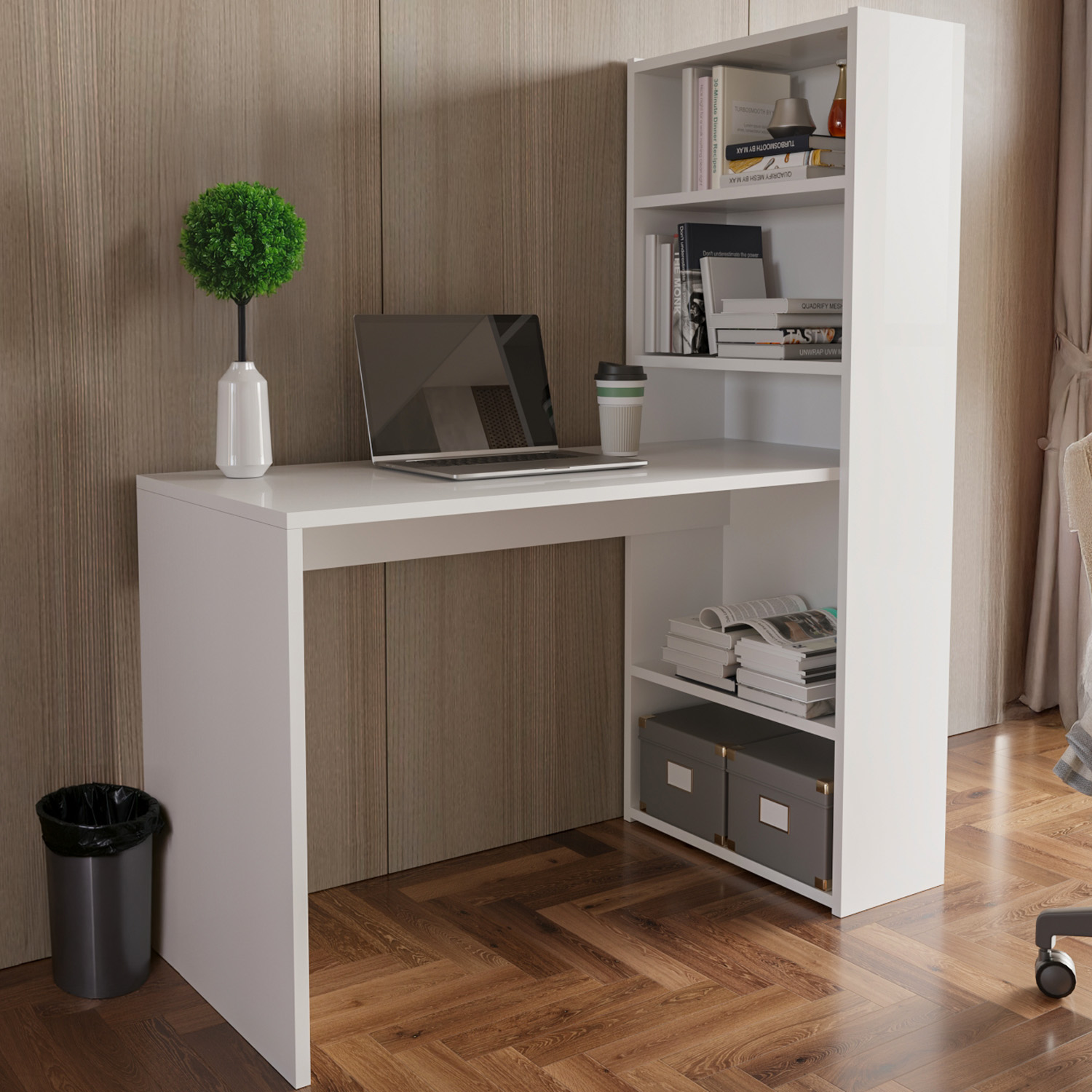 Scrivania Con Libreria Reversibile Kirkensen | 120x144x53 Cm Bianco | Per Camera, Ufficio O Soggiorno - Foto 4
