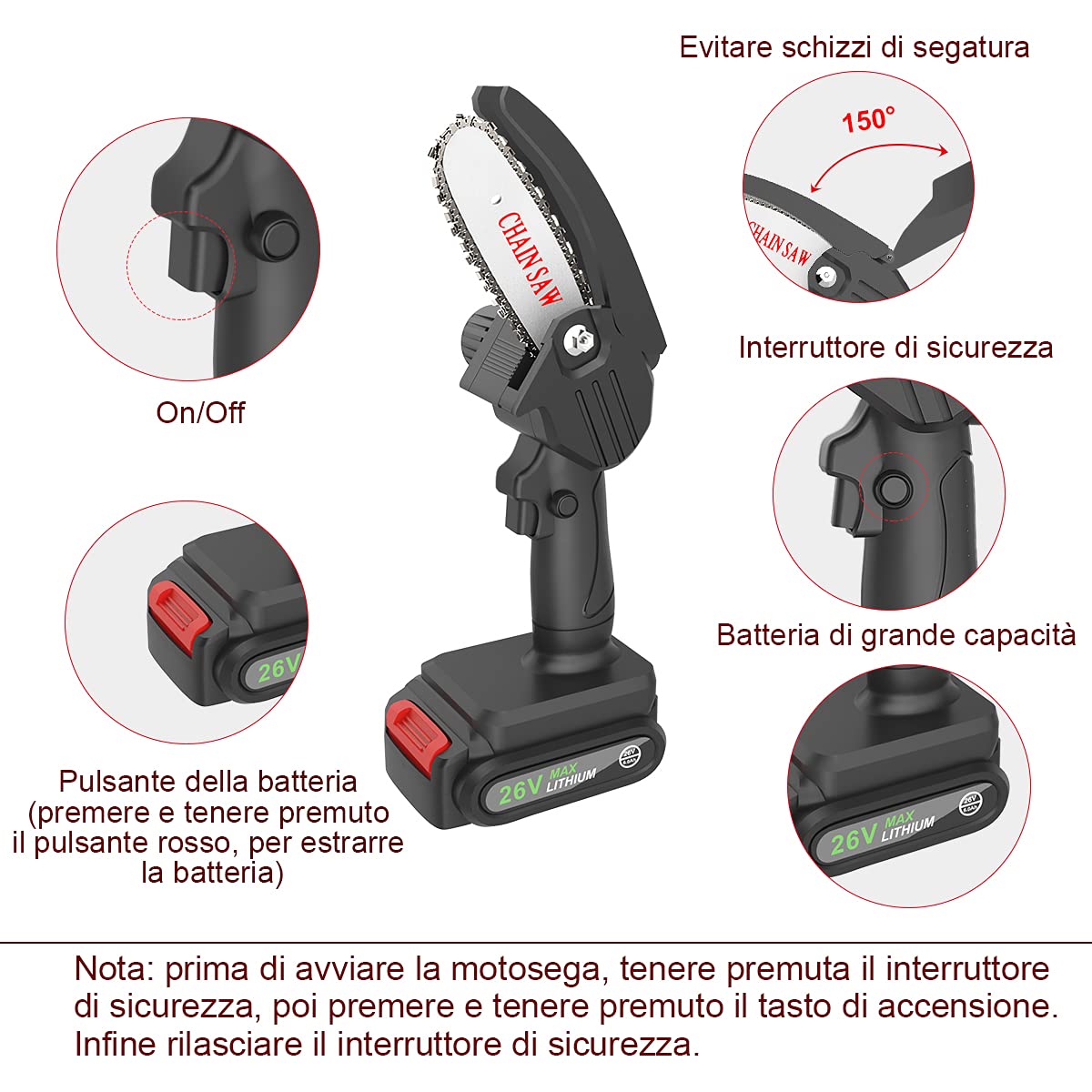 Mini Motosega A Batteria Elettrica Portatile Con 4 Catene, 2 Batterie E Caricatore Moto Sega Ricaricabile Lama 130 Mm Batteria 24V Ideale Potatura Alberi Giardino Giardinaggio Fai Da Te Colore Nero -Husqvarni Negozio AAHKMJXYDAFdJAOAIMEbOAch7w5JgkD56B5b mYl T9Isf4DCJN 5REyQjePMyCh ltBtoxu