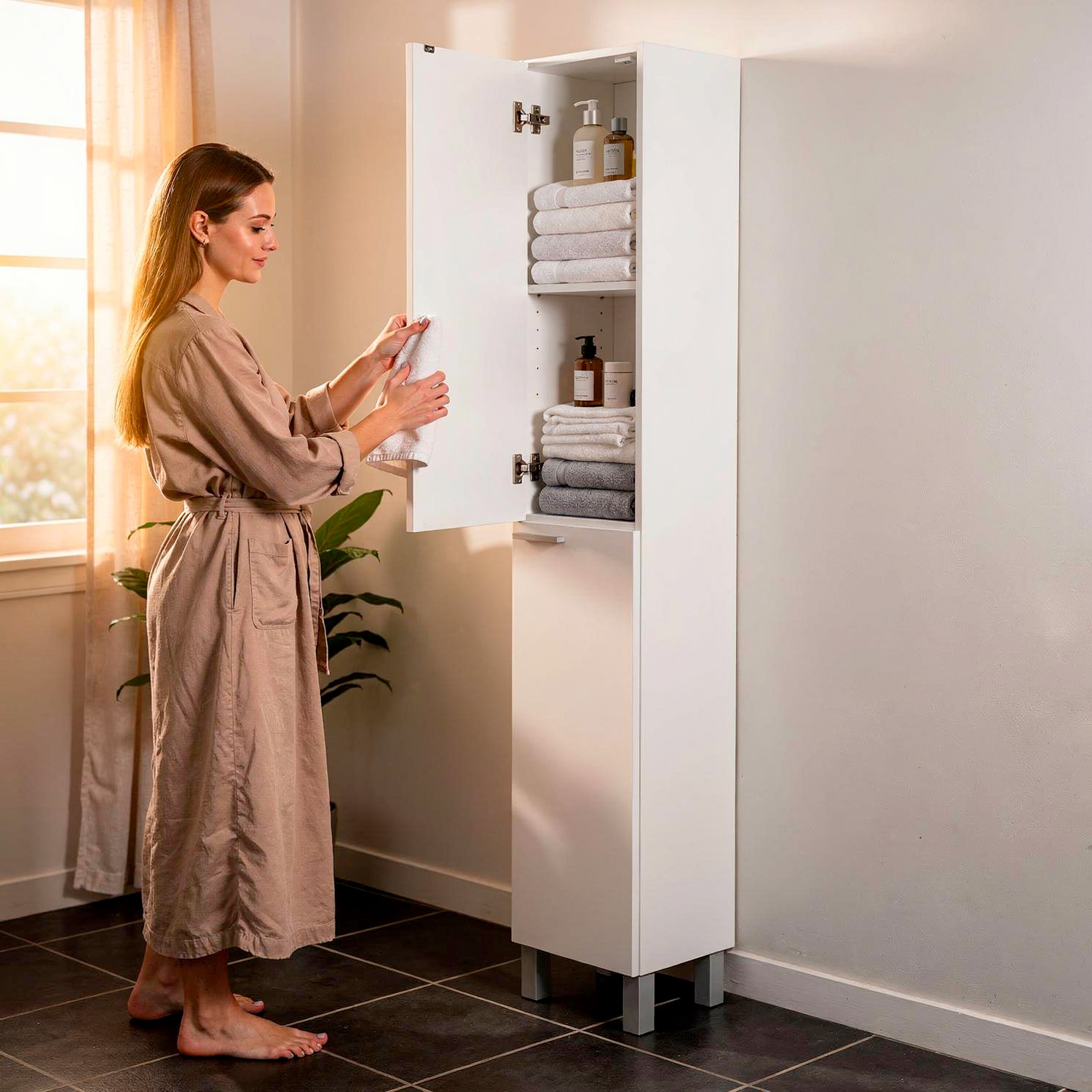 HOMCOM Mobile Da Bagno Stretto A Colonna – 2 Ante E 4 Ripiani Regolabili, Legno Naturale, 40x35x180 Cm, Ideale Per Spazi Ridotti