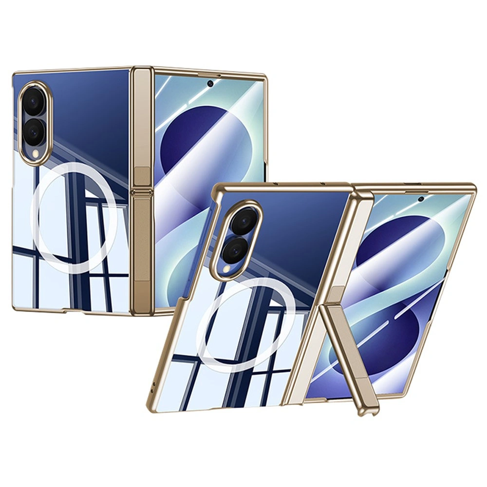 Funda transparente para Samsung Galaxy Z Fold 8, con soporte y cristal para la pantalla externa, para MagSafe, marco dorado