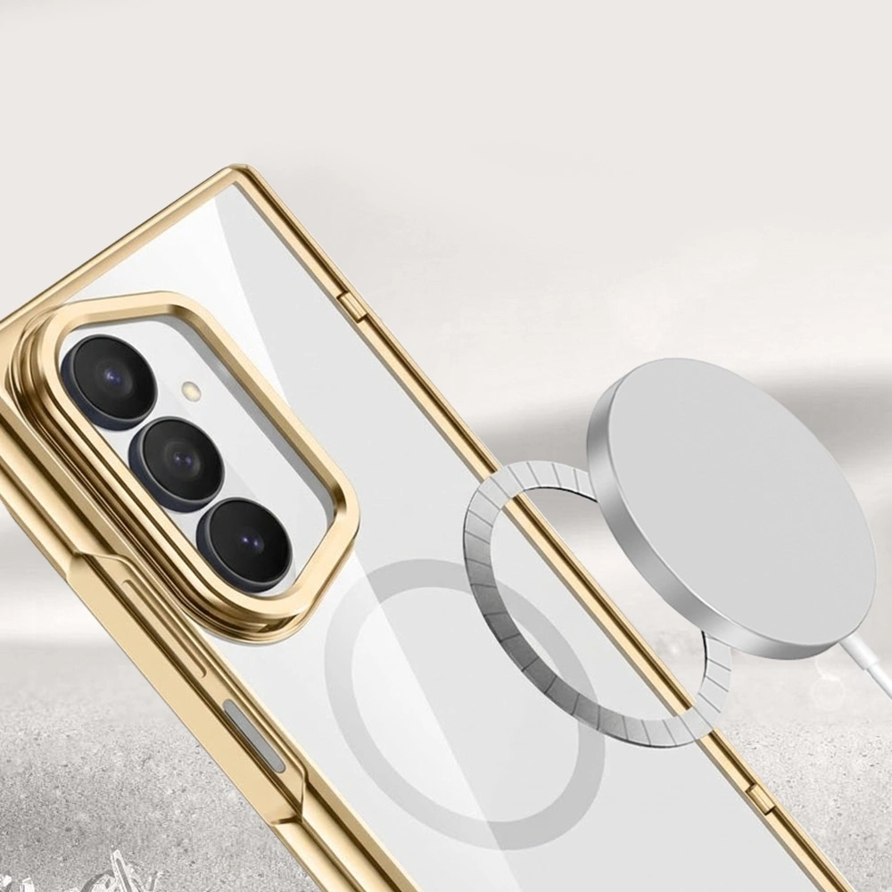 Funda transparente para Samsung Galaxy Z Fold 8 Ultra, con soporte y cristal para la pantalla externa, para MagSafe, marco dorado
