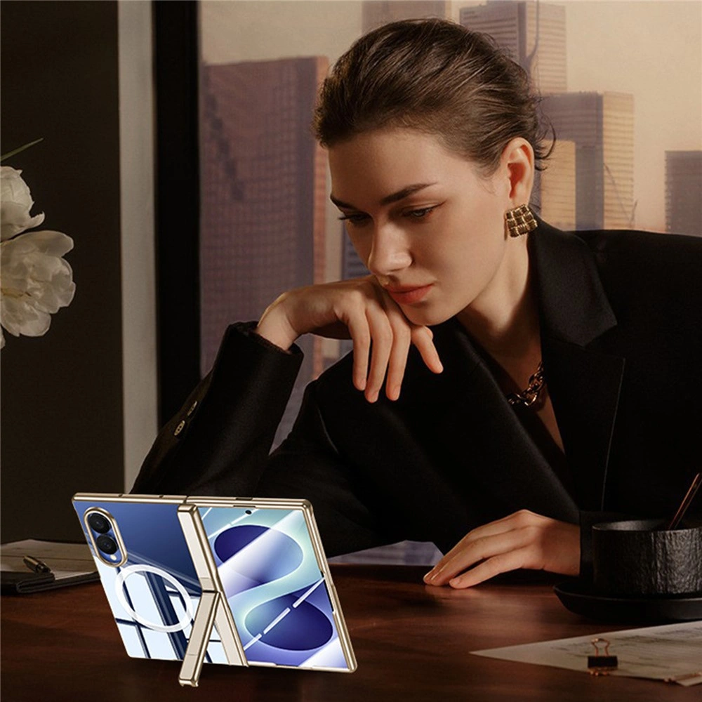 Funda transparente para Samsung Galaxy Z Fold 8, con soporte y cristal para la pantalla externa, para MagSafe, marco dorado