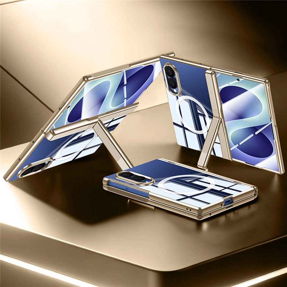 Funda transparente para Samsung Galaxy Z Fold 8, con soporte y cristal para la pantalla externa, para MagSafe, marco dorado
