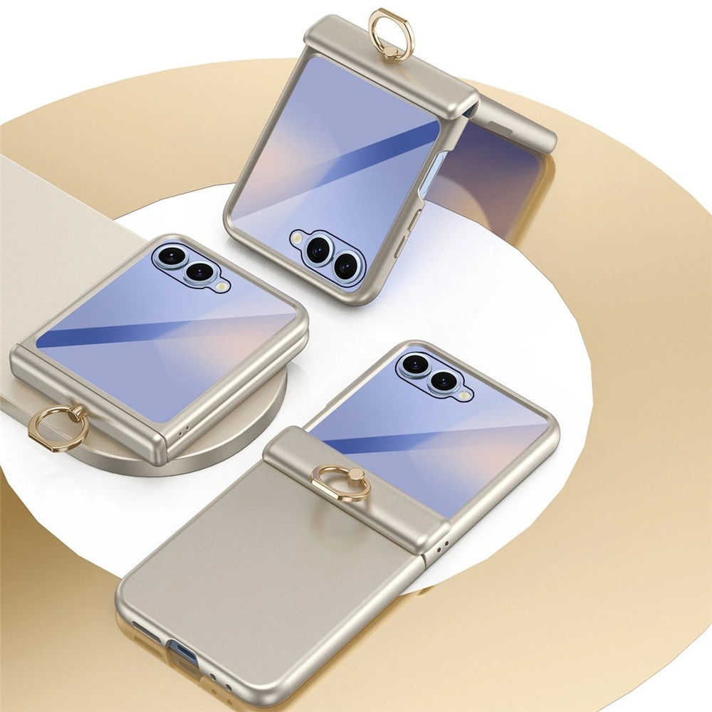 Hülle für Samsung Galaxy Z Flip 8, Ringhalterung mit Ständer, mit Glas für das Außendisplay, Gold