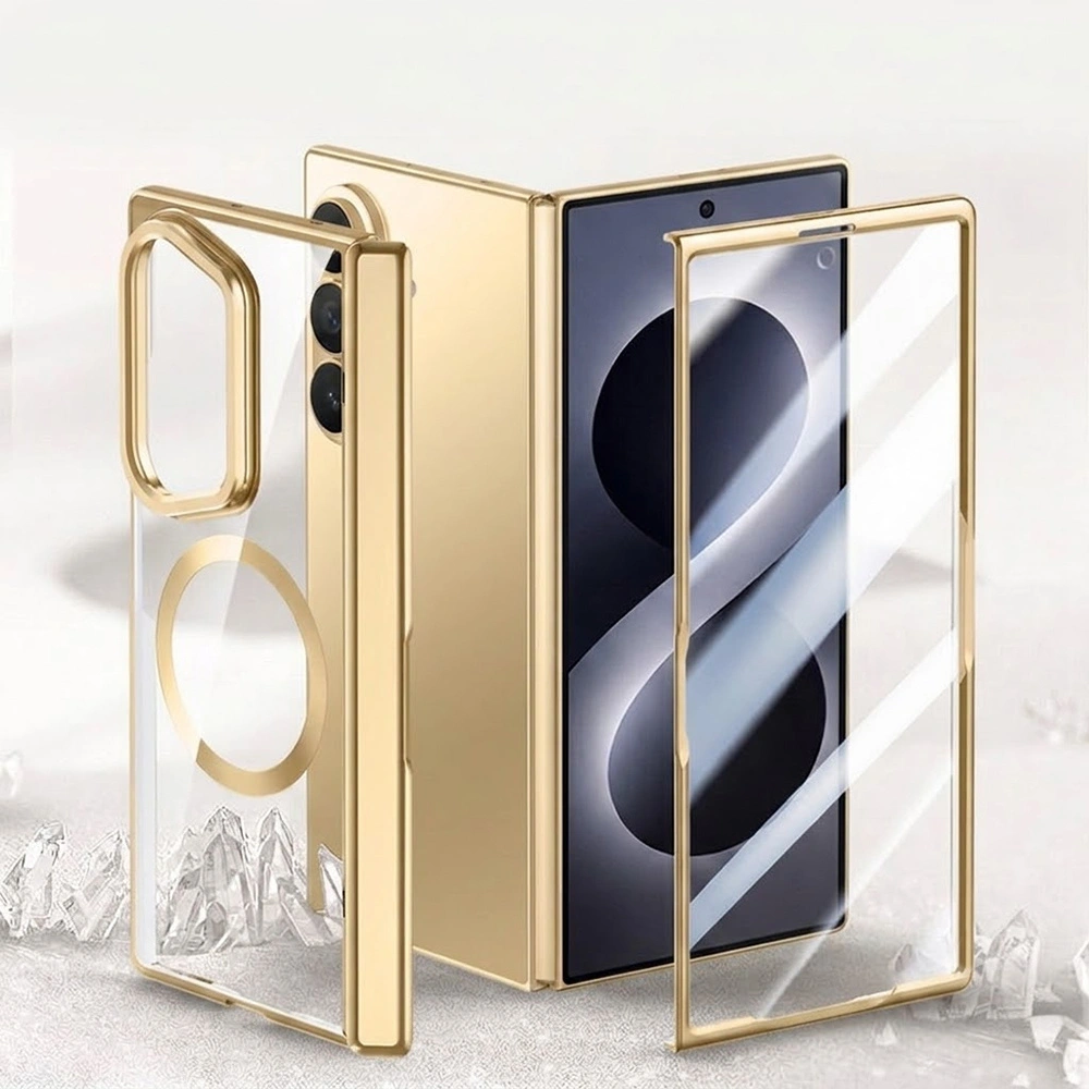 Funda transparente para Samsung Galaxy Z Fold 8 Ultra, con soporte y vidrio para la pantalla externa, para MagSafe, marco dorado