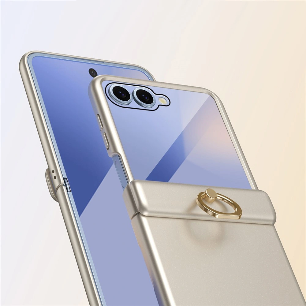 Hülle für Samsung Galaxy Z Flip 8, Ringhalter mit Ständer, mit Glas für das Außendisplay, Gold