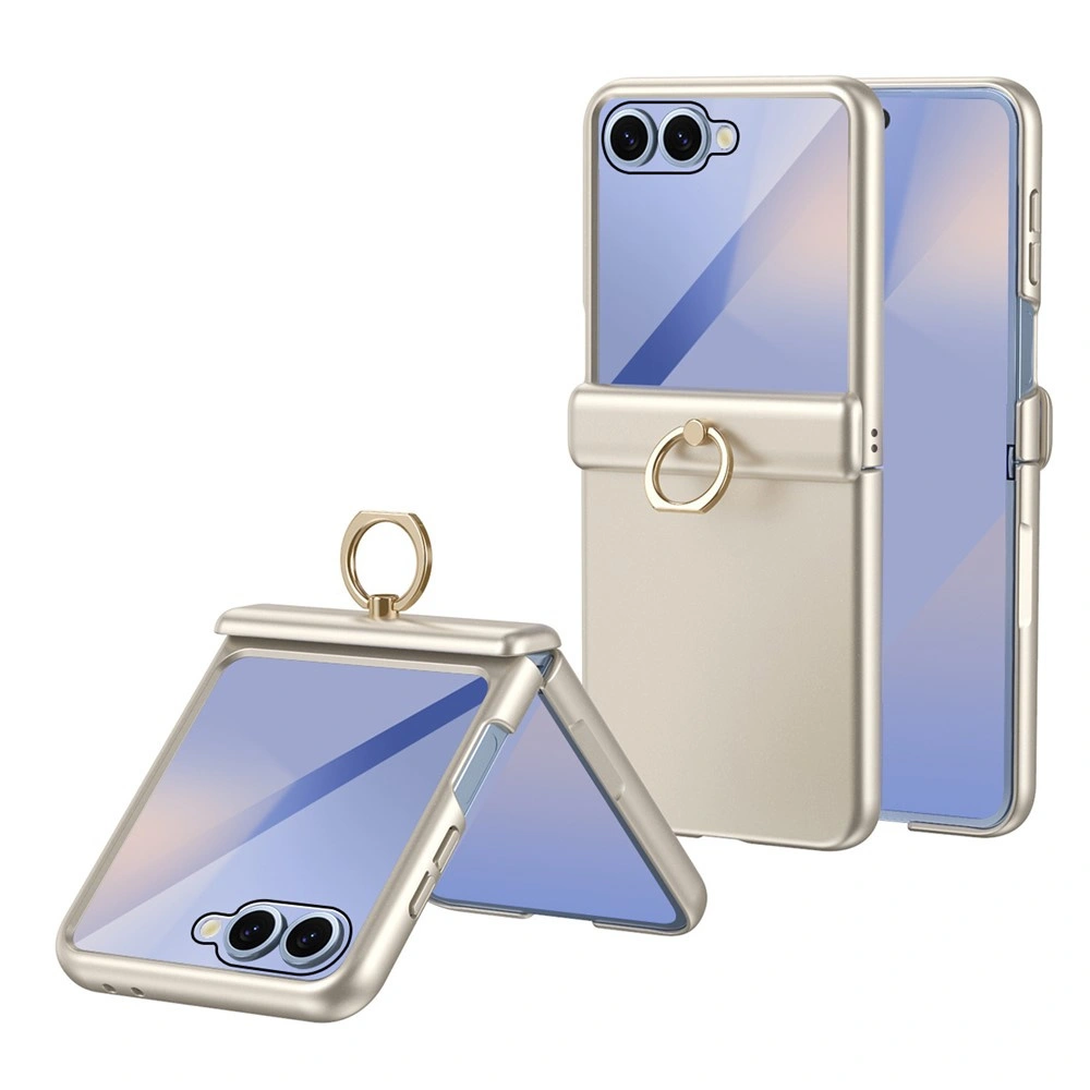 Hülle für Samsung Galaxy Z Flip 8, Ringhalterung mit Ständer, mit Glas für das Außendisplay, Gold