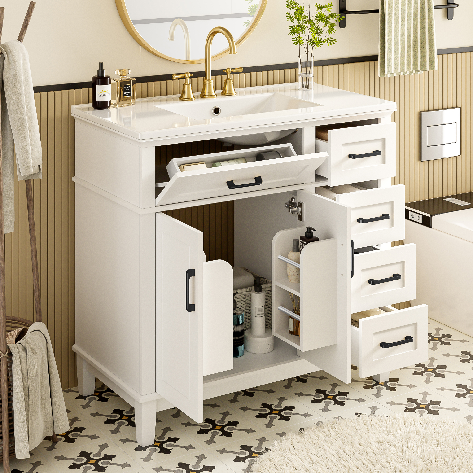 90 x 46 x 87 cm, weiß lackierter Badezimmer-Stands