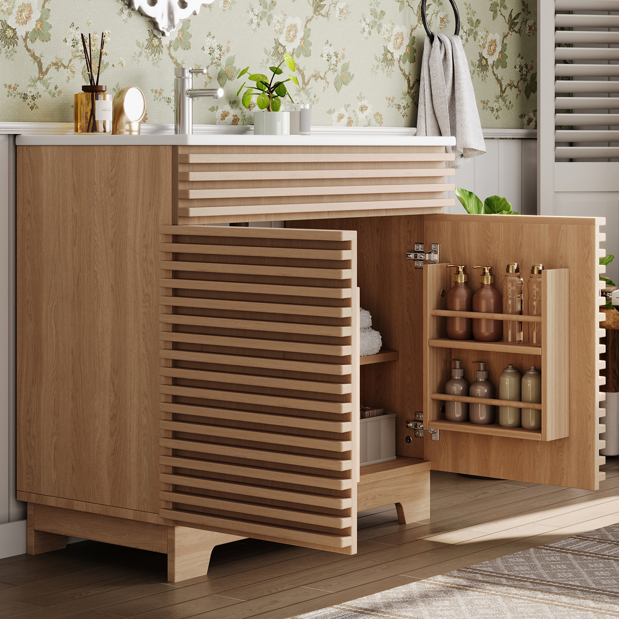 Meuble vasque de salle de bains, fermeture douce, 91 x 46 x 80 cm, céramique et MDF, bois naturel - vue 5