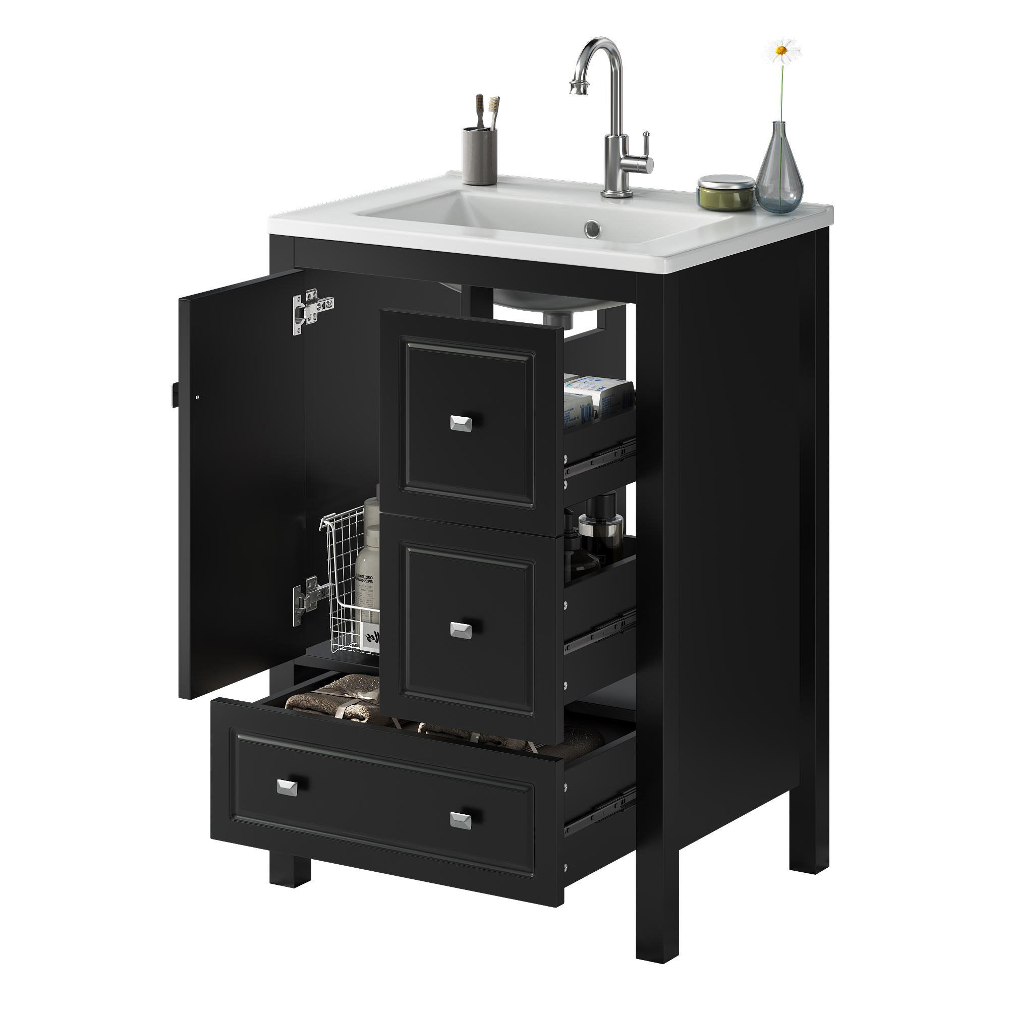 Meuble vasque de salle de bains, rangement intégré, avec tiroirs, 62 x 47 x 90 cm, céramique et MDF, noir - vue 1