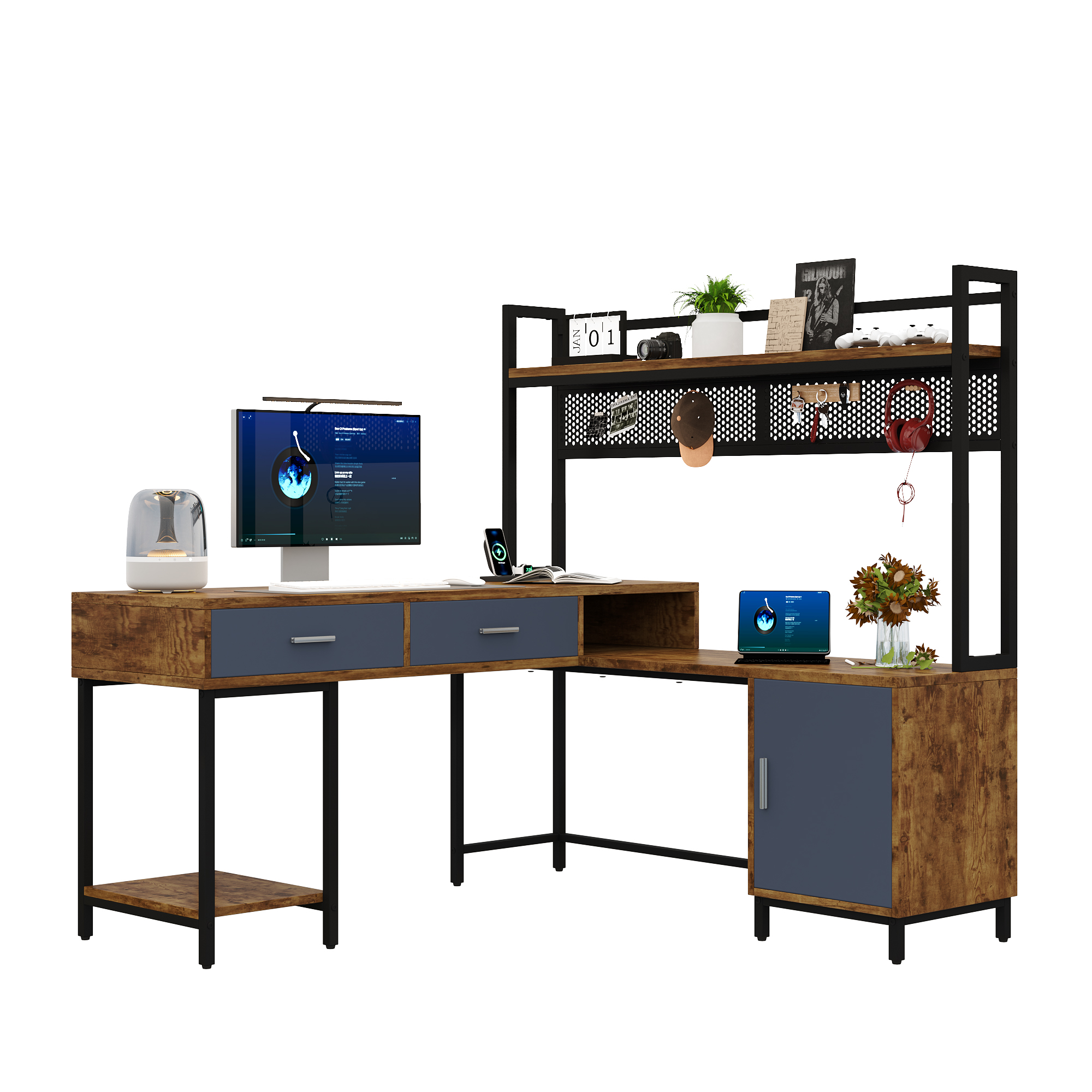 Bureau d’angle en L 140 x 140 cm, bureau informatique avec 2 tiroirs, armoire, étagères et panneau grillagé, Noir et effet bois