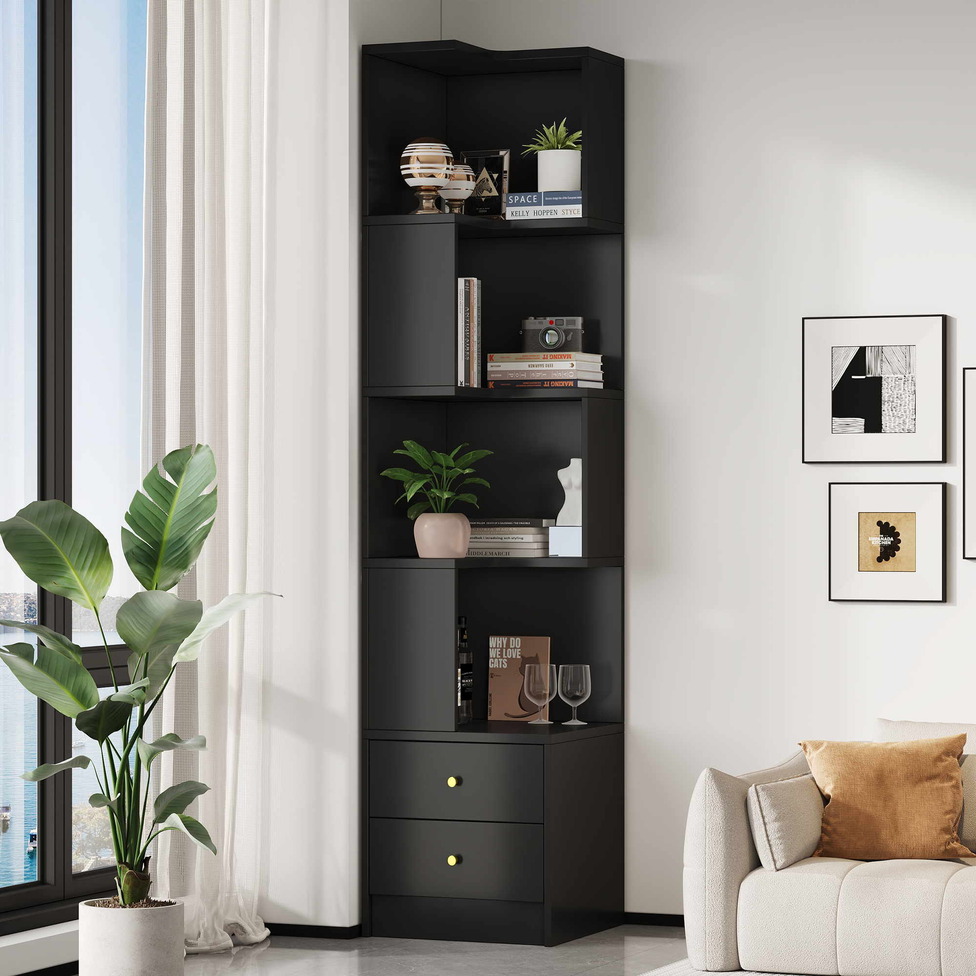 Étagère d’angle 45 x 43,5 x 180 cm, LED, MDF, Noir - vue principale