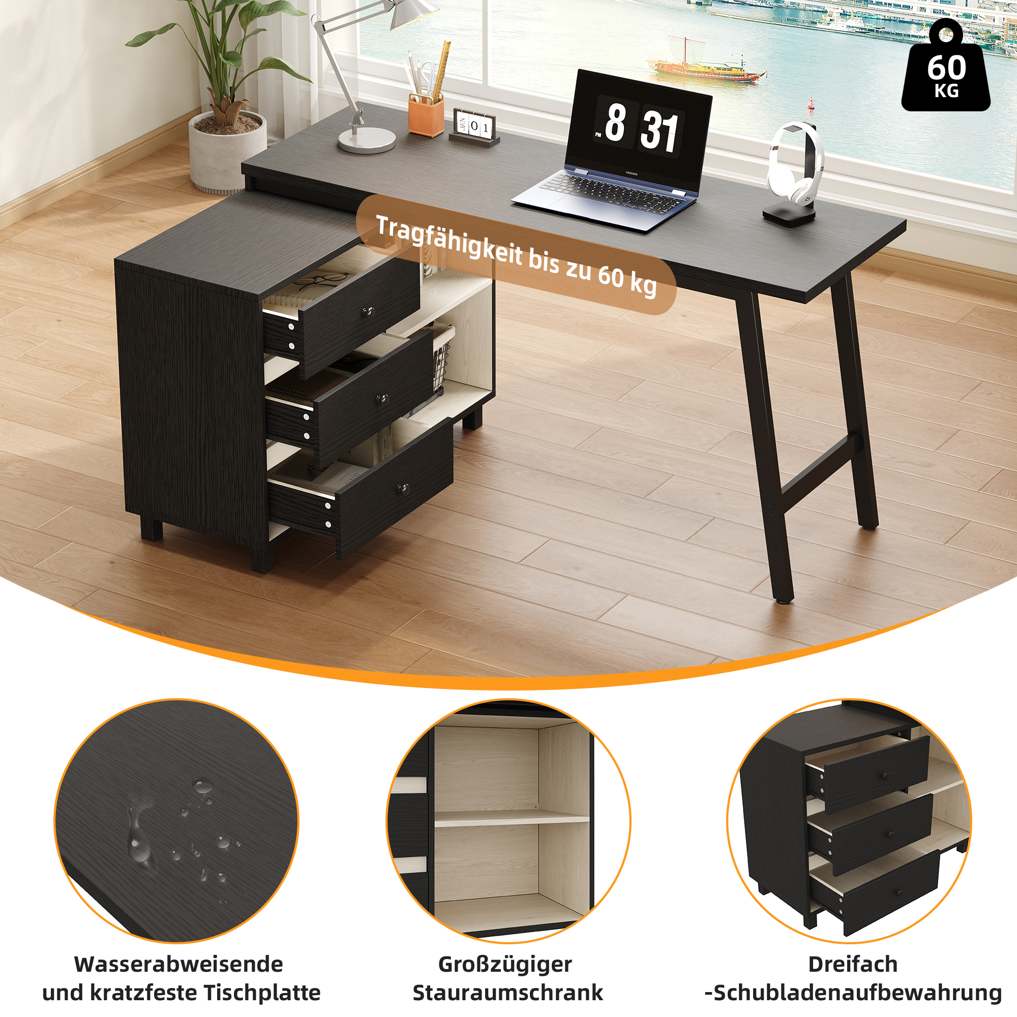 Bureau d’angle en L 150 x 100 cm, bureau informatique avec 3 tiroirs, 2 niches et plateau 150 x 50 cm, Noir et Blanc