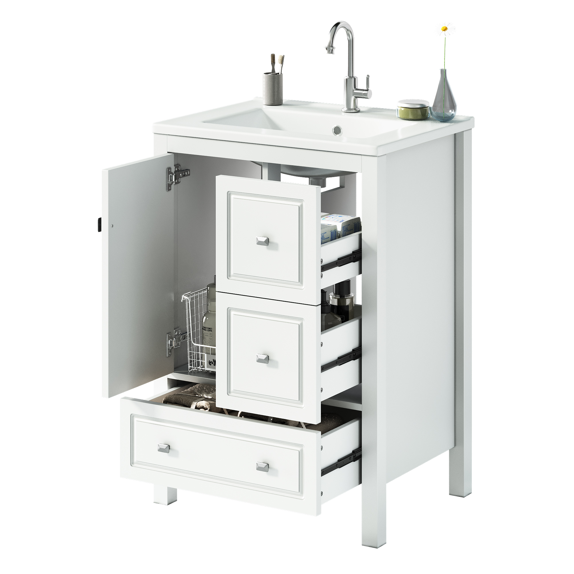 Meuble vasque de salle de bains, rangement intégré, fermeture douce, 62 x 47 x 90 cm, céramique et MDF, blanc - vue 1