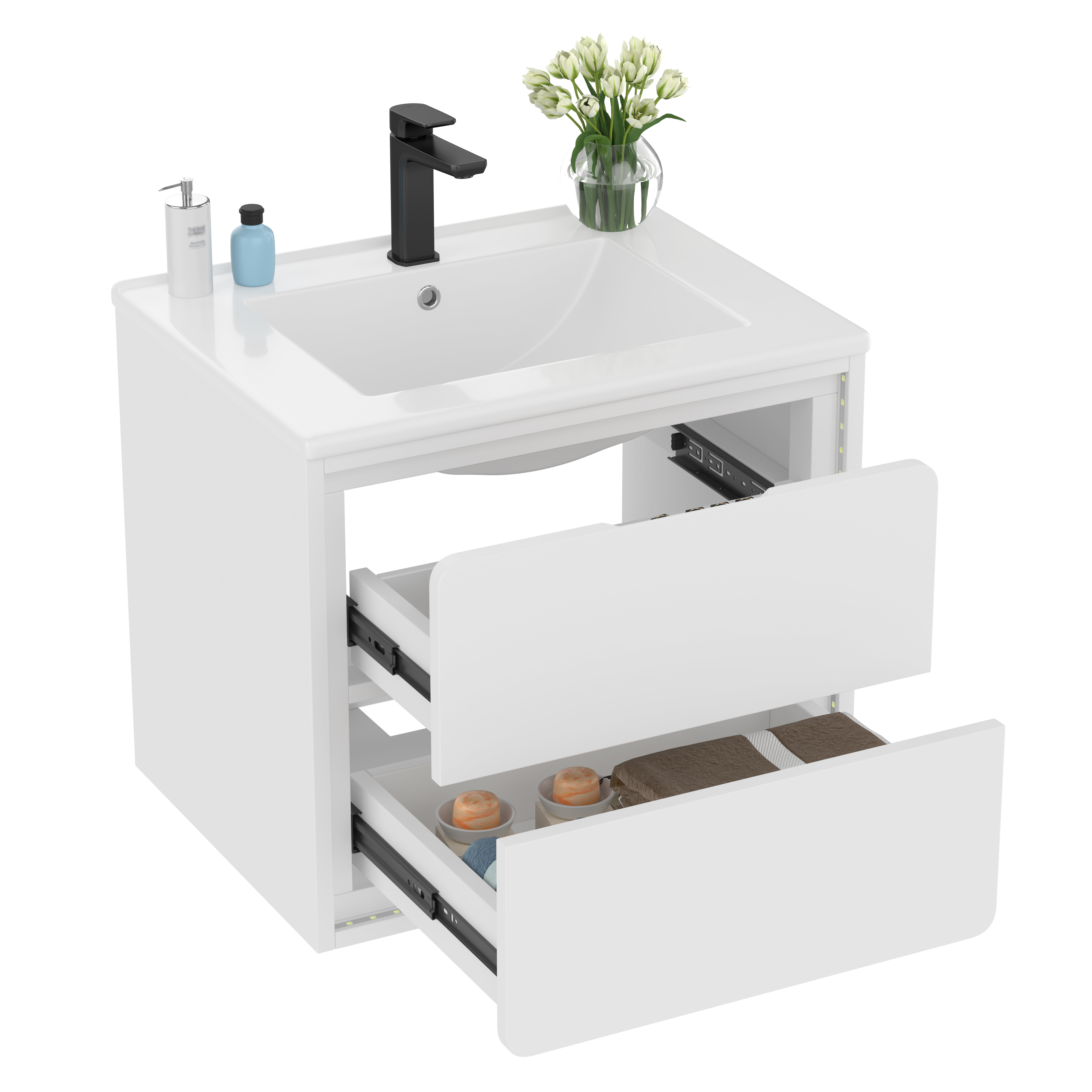 Meuble vasque de salle de bains, avec tiroirs, éclairage led, 60 x 46 x 50 cm, céramique et MDF, blanc - vue 1