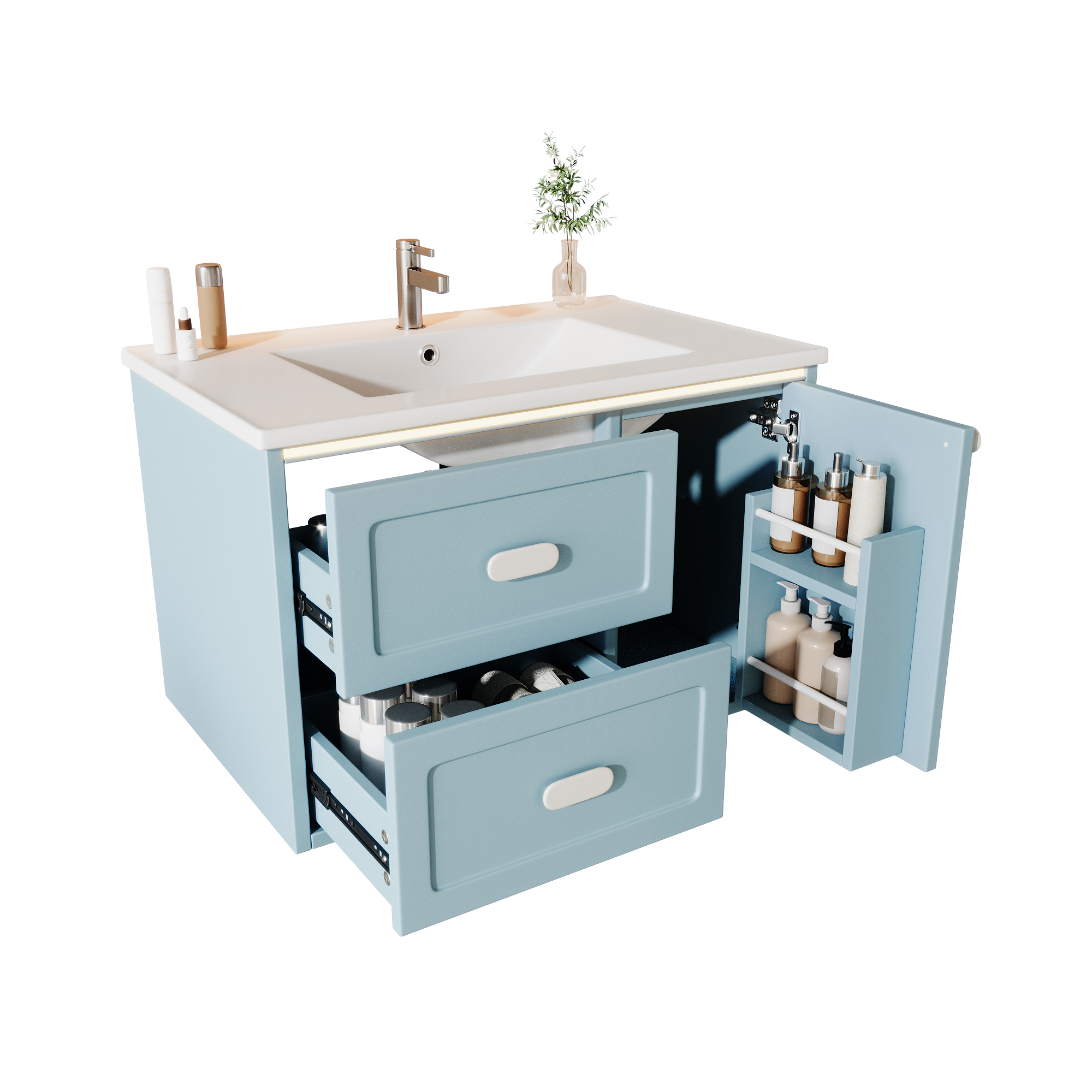 Meuble de salle de bains, avec tiroirs, éclairage led, 76 x 46 x 51 cm, céramique et MDF, bleu - vue 1