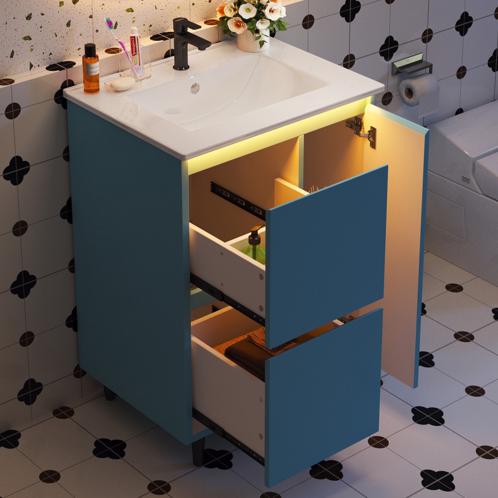 Meuble vasque de salle de bains, avec tiroirs, fermeture douce, 61 x 46,5 x 87 cm, céramique et MDF, bleu - vue 6
