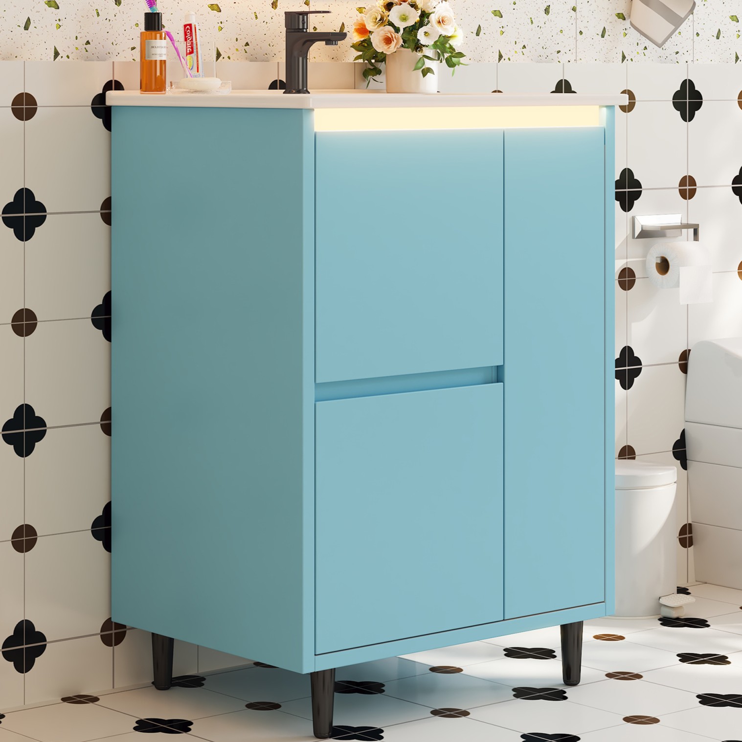 Meuble vasque de salle de bains, avec tiroirs, fermeture douce, 61 x 46,5 x 87 cm, céramique et MDF, bleu - vue 8