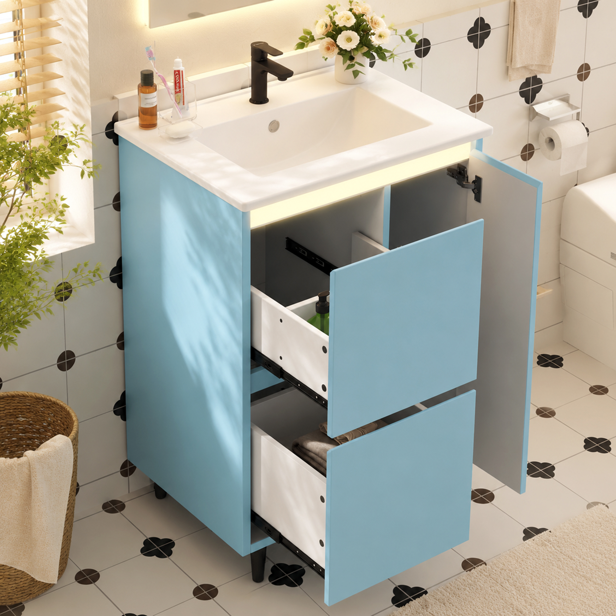 Meuble vasque de salle de bains, avec tiroirs, fermeture douce, 61 x 46,5 x 87 cm, céramique et MDF, bleu - vue 4