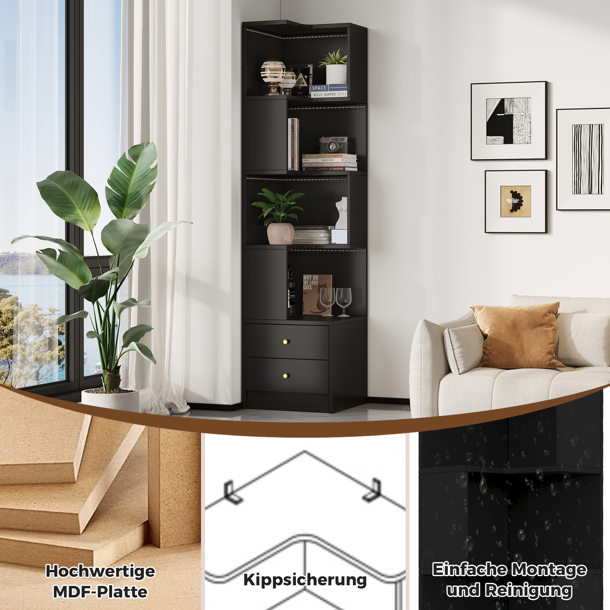 Étagère de rangement, rangement intégré, 45 x 43,5 x 180 cm, MDF, noir - vue 4