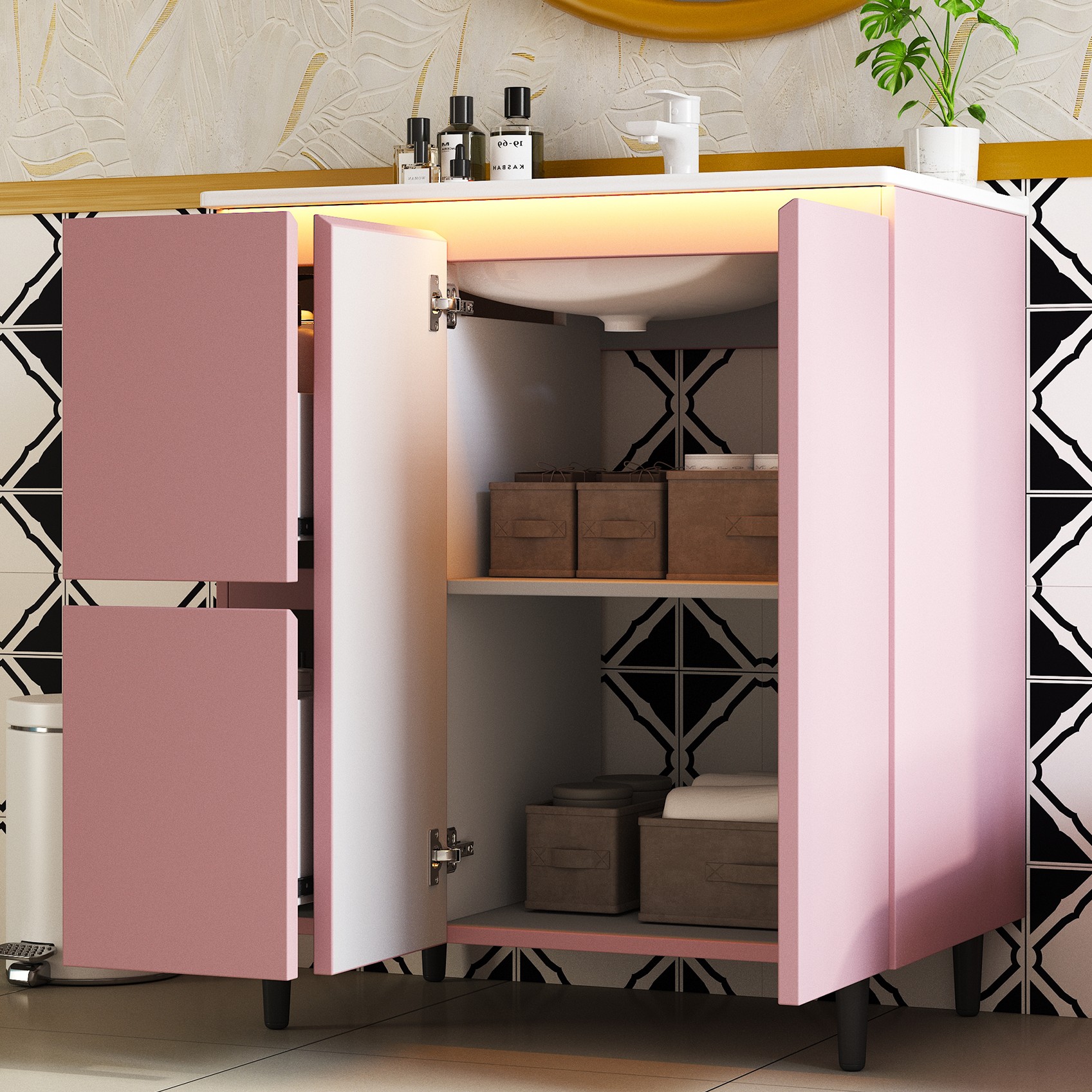 Meuble vasque de salle de bains, éclairage led, fermeture douce, 76 x 47 x 89 cm, céramique et MDF, rose - vue 2