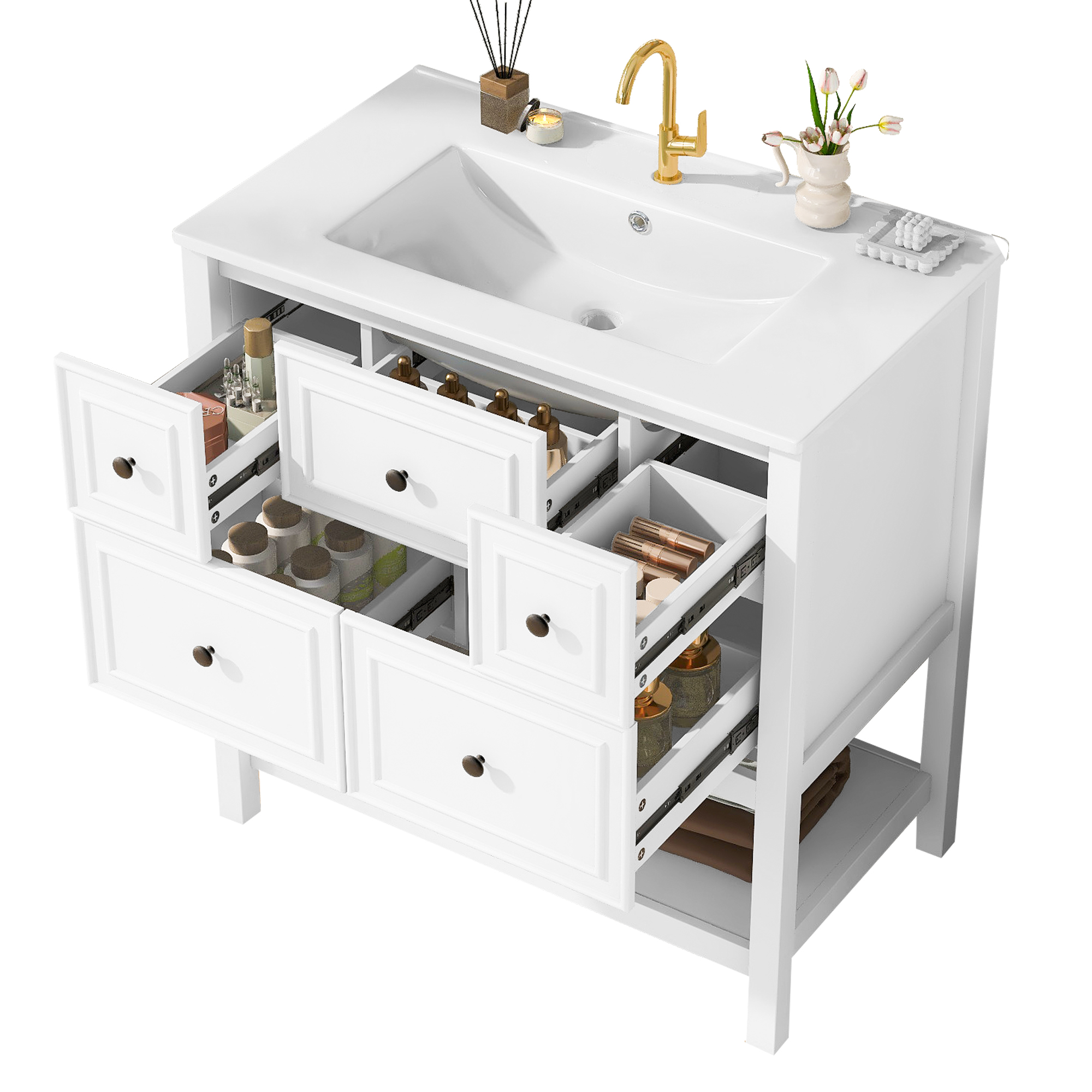 Meuble de salle de bains, avec tiroirs, 76 x 46,5 x 82 cm, céramique et MDF, blanc - vue 1