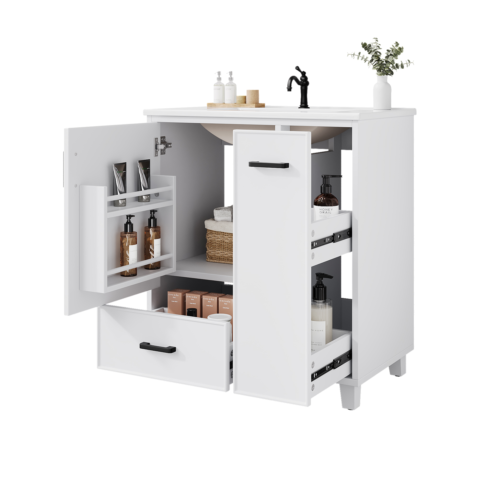Meuble vasque de salle de bains, 76,5 x 47 x 82 cm, céramique et MDF, blanc - vue 1