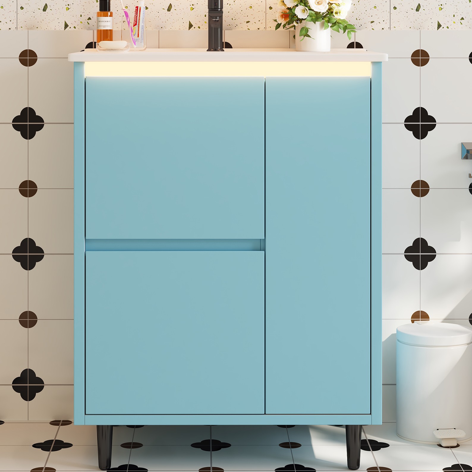 Meuble vasque de salle de bains, avec tiroirs, fermeture douce, 61 x 46,5 x 87 cm, céramique et MDF, bleu - vue 9