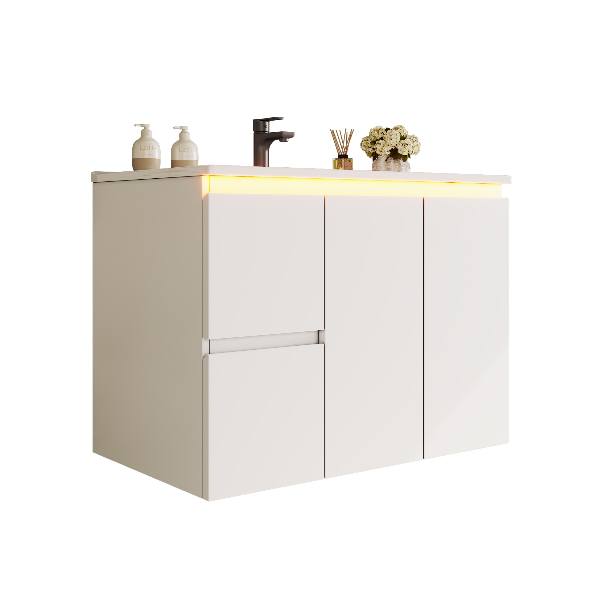 Meuble vasque de salle de bains, éclairage led, fermeture douce, 76 x 47 x 57 cm, céramique et MDF, blanc - vue 1