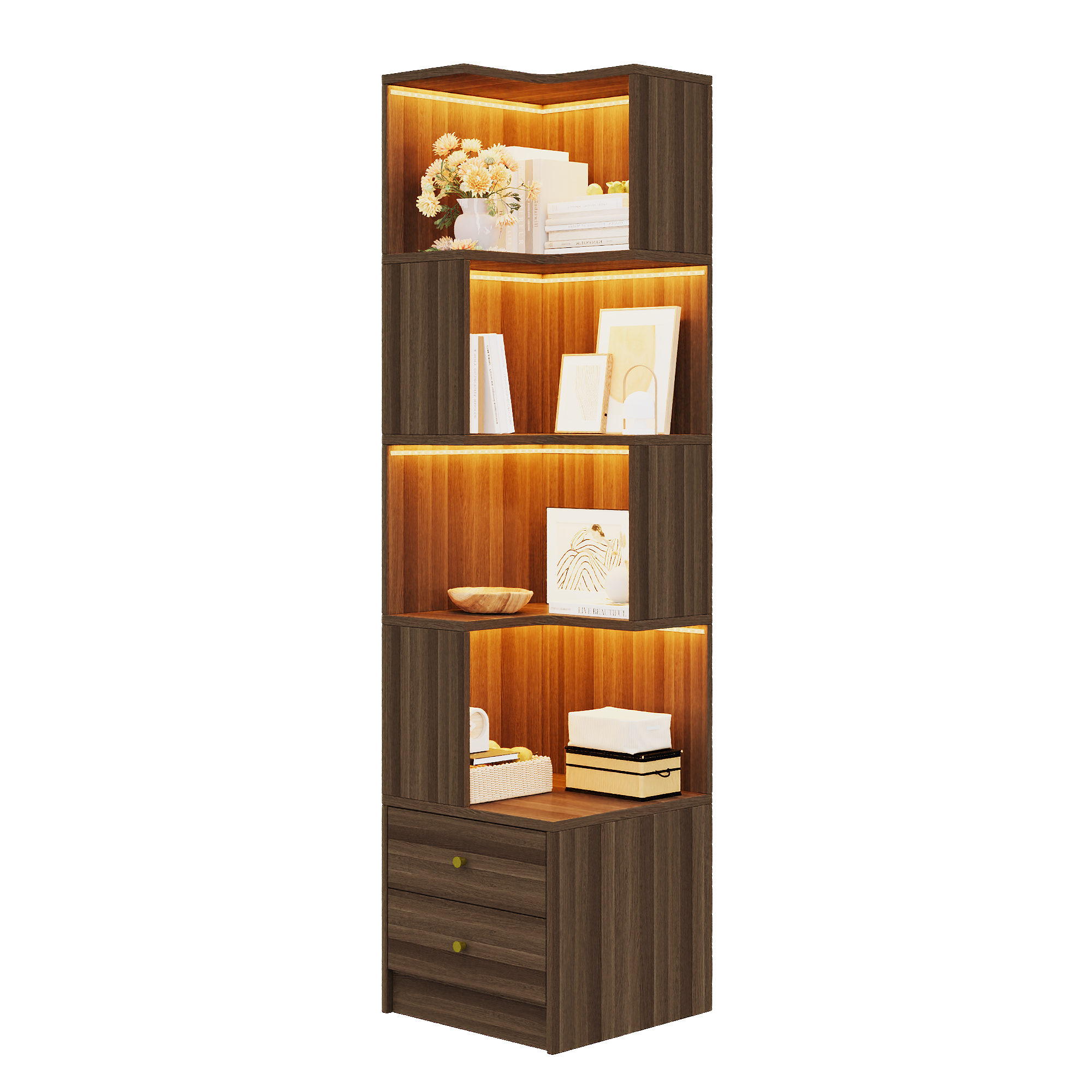Étagère d’angle 45 x 43,5 x 180 cm, LED, MDF, Marron - détails