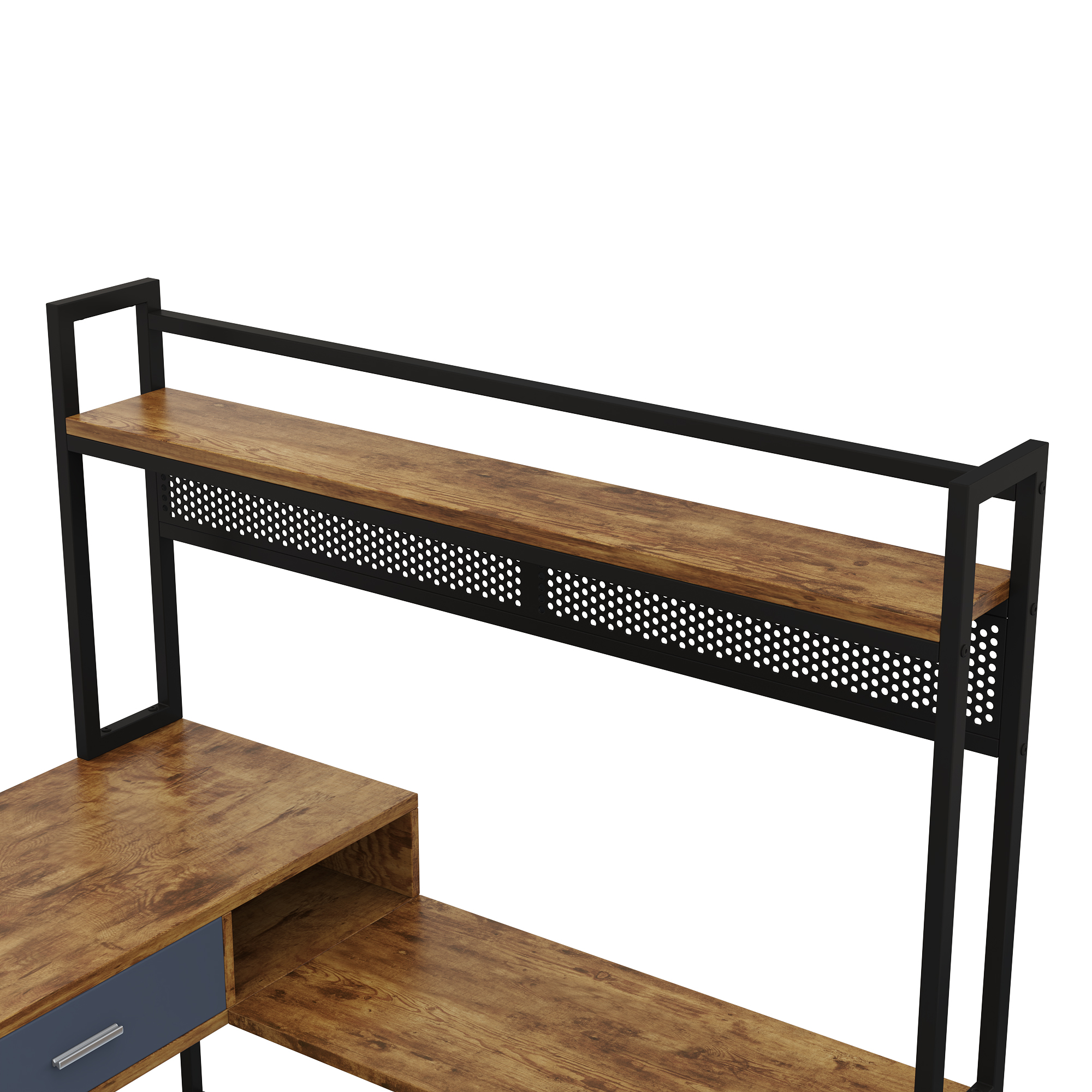 Bureau d’angle en L 140 x 140 cm, bureau informatique avec 2 tiroirs, armoire, étagères et panneau grillagé, Noir et effet bois