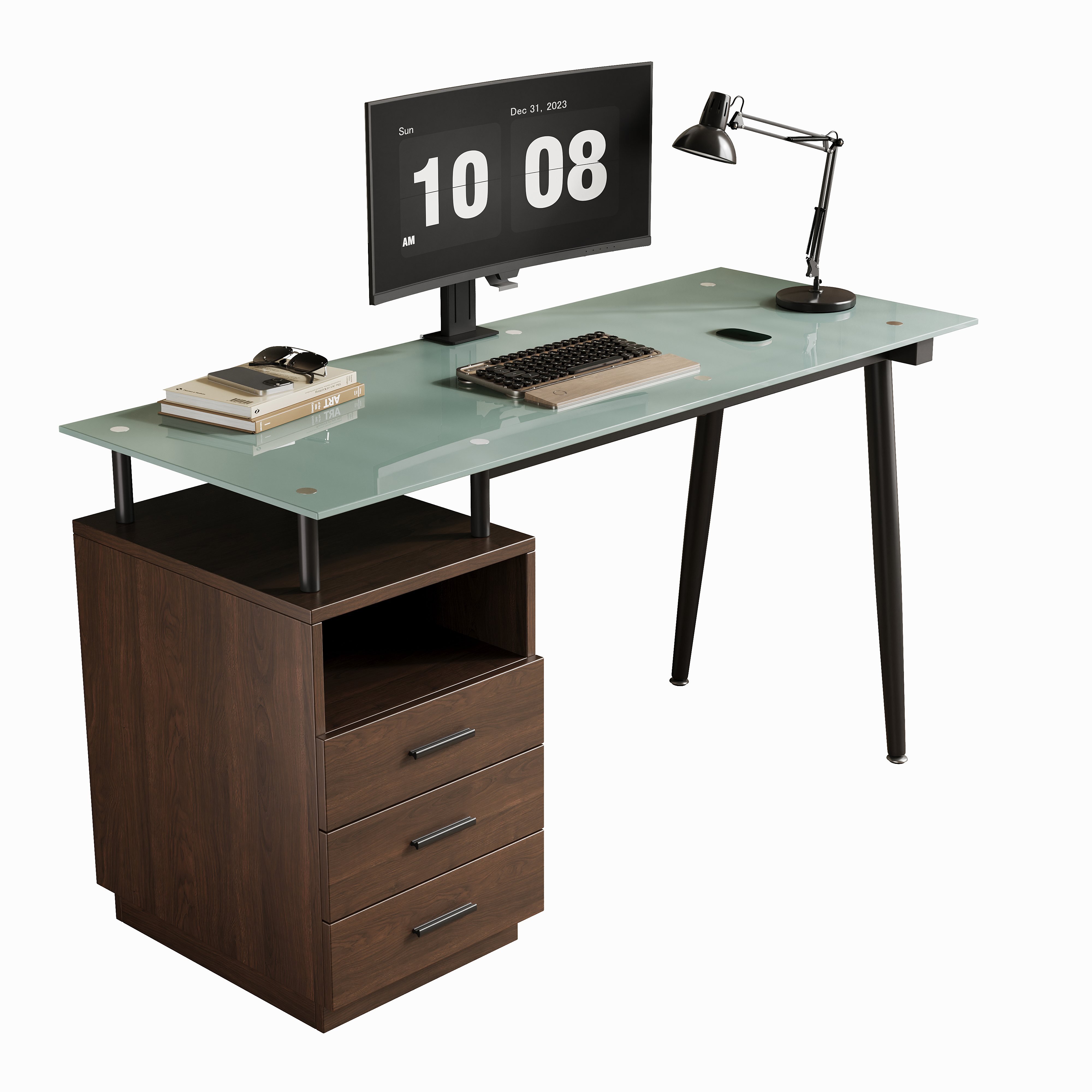 Bureau, avec tiroirs, éléments en verre, 130 x 50 x 75 cm, métal et acier, noir - vue 1