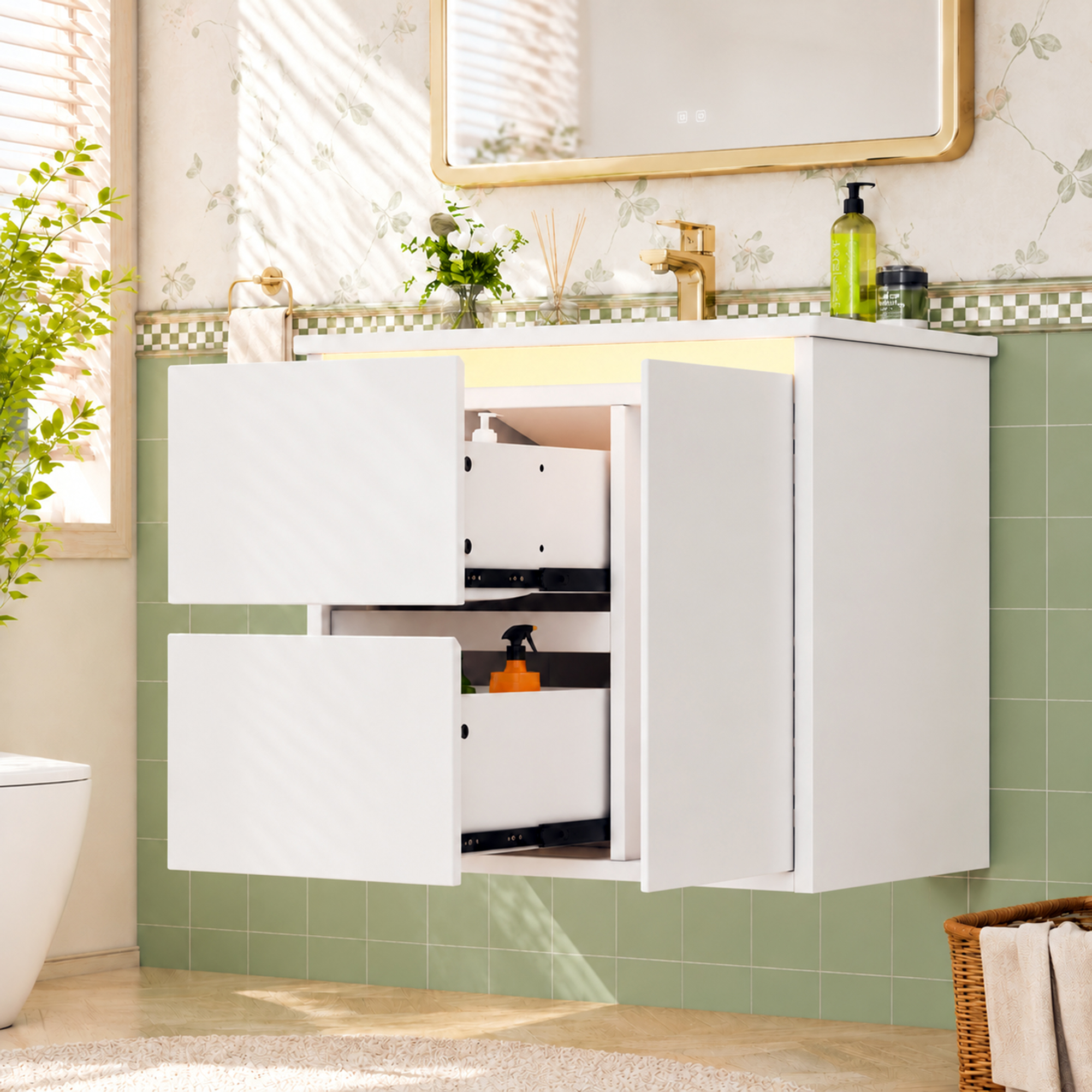 Meuble vasque de salle de bains, éclairage led, fermeture douce, 61 x 46,5 x 57 cm, céramique et MDF, blanc - vue 5