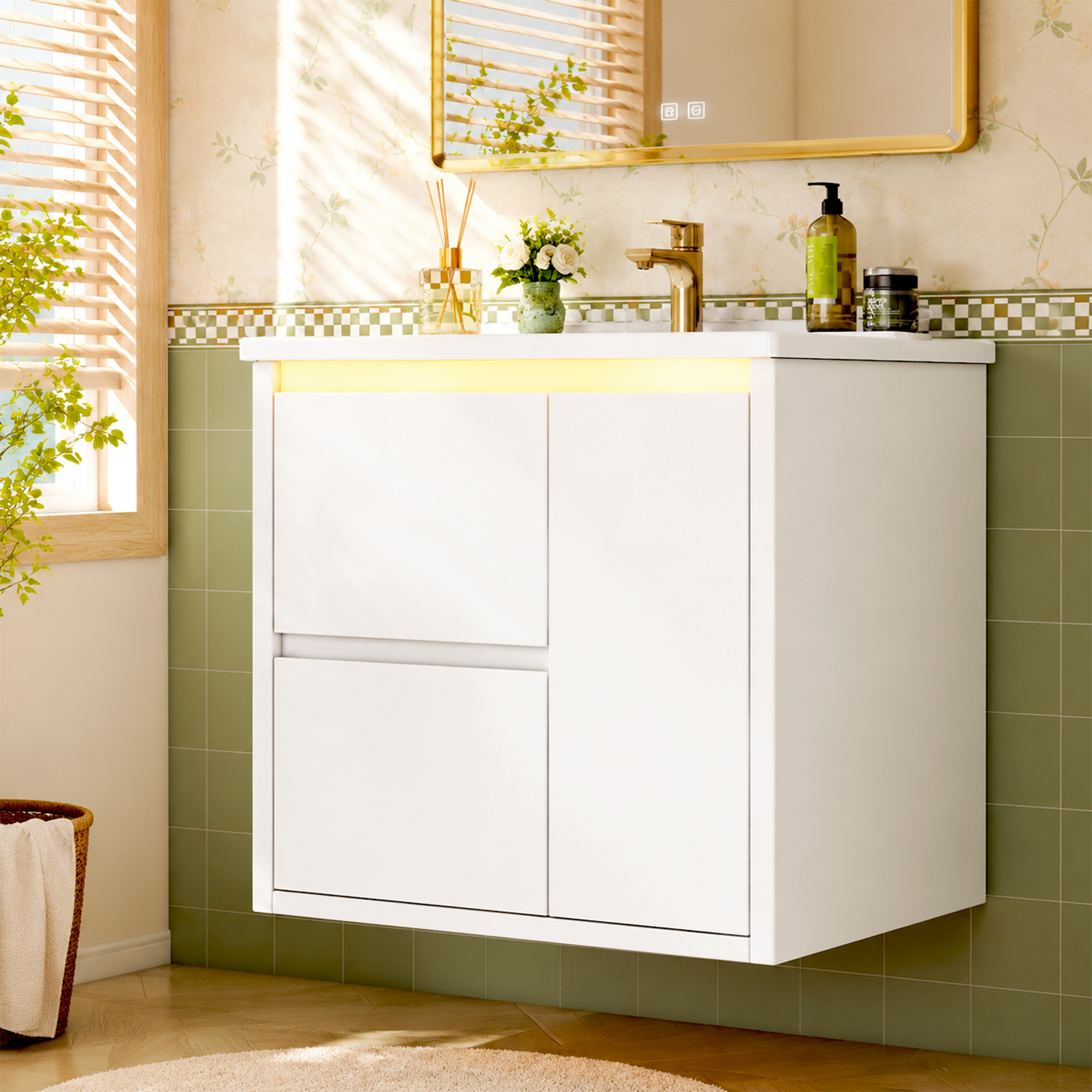 Meuble vasque de salle de bains, éclairage led, fermeture douce, 61 x 46,5 x 57 cm, céramique et MDF, blanc - vue 3