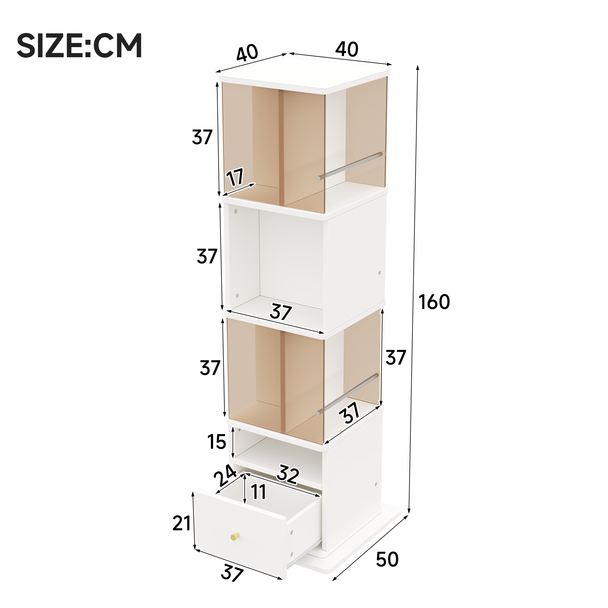 Vitrine 50 x 50 x 160 cm, LED, pivotante, portes vitrées, MDF et verre, Marron et Blanc - détails