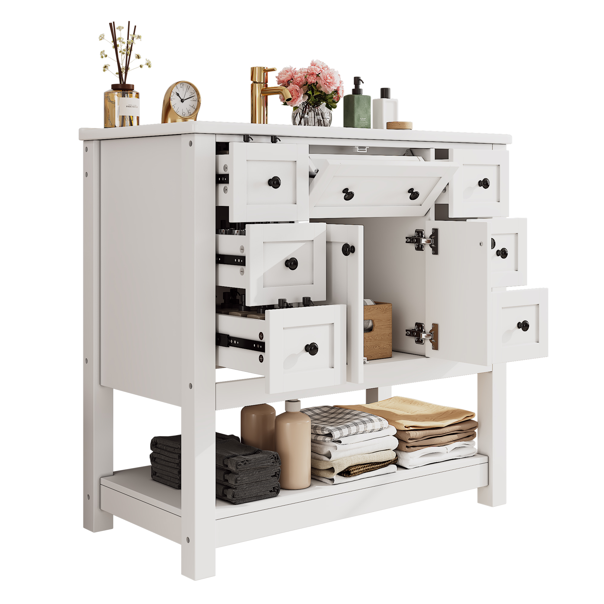 Meuble vasque de salle de bains, structure pliante, rangement intégré, avec tiroirs, 91,5 x 46,5 x 90 cm, céramique et MDF, noir - vue 1
