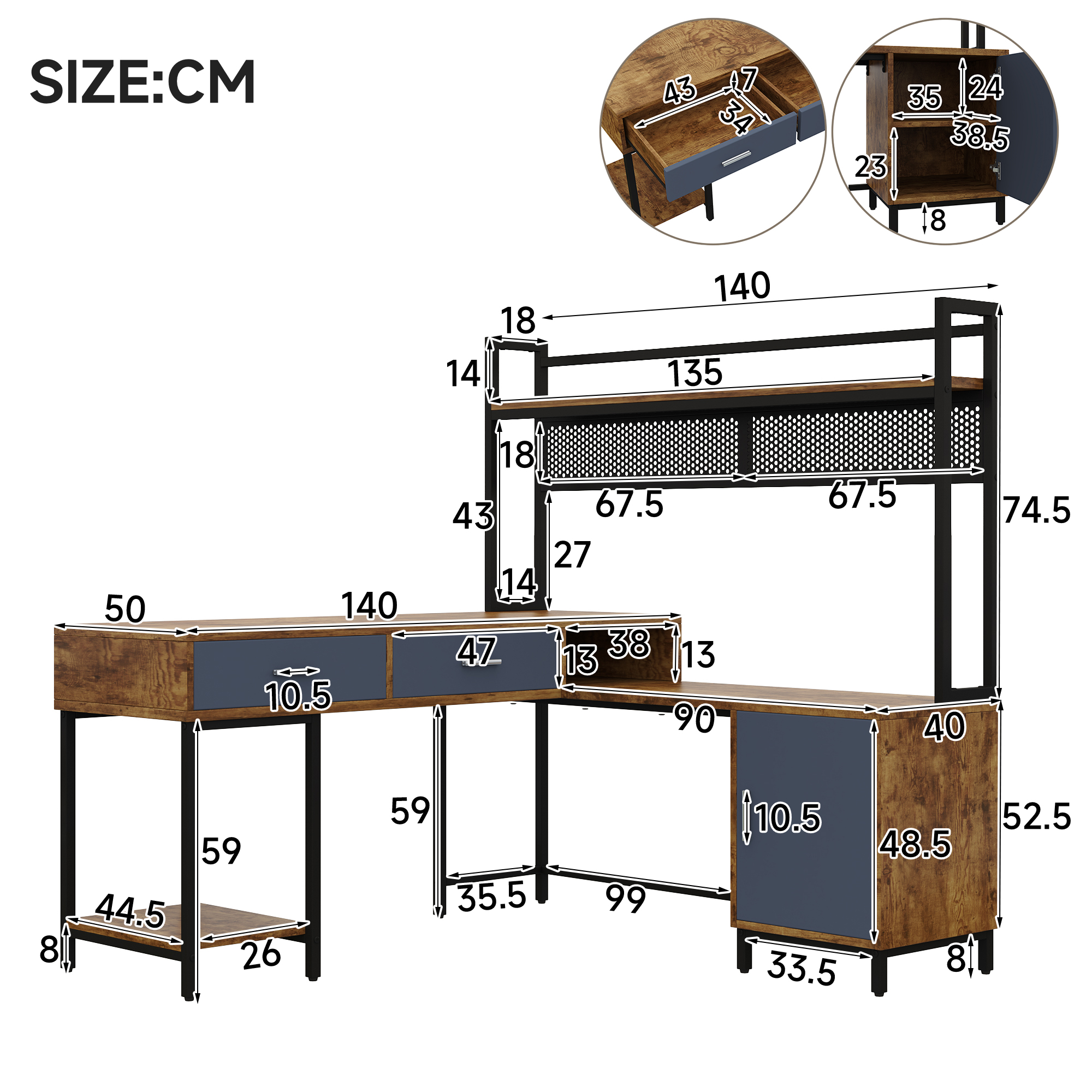 Bureau d’angle en L 140 x 140 cm, bureau informatique avec 2 tiroirs, armoire, étagères et panneau grillagé, Noir et effet bois