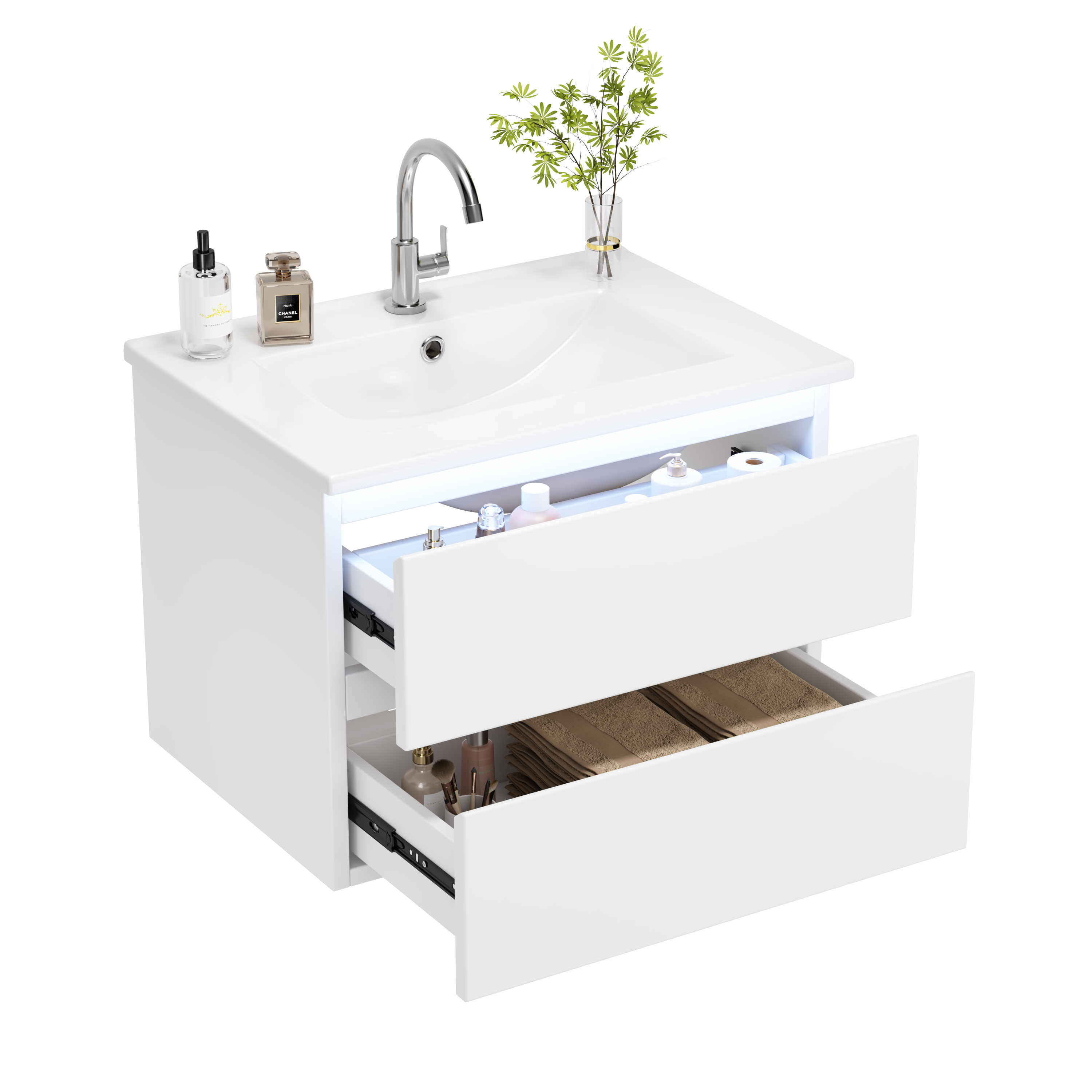 Meuble vasque de salle de bains, avec tiroirs, éclairage led, 61 x 46 x 45 cm, céramique et MDF, blanc - vue 1