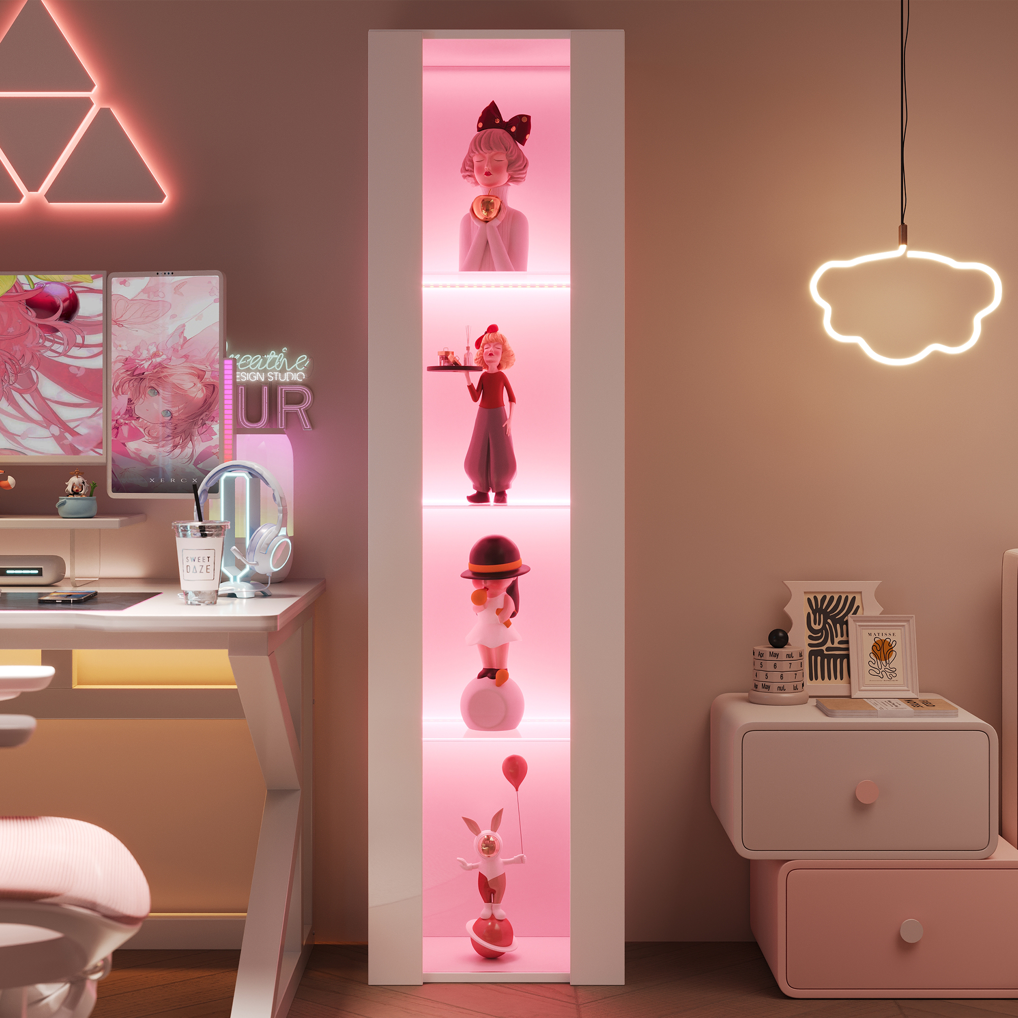 Vitrine, éclairage led, éléments en verre, 40 x 29 x 170 cm, panneaux de particules et verre, blanc - vue 4
