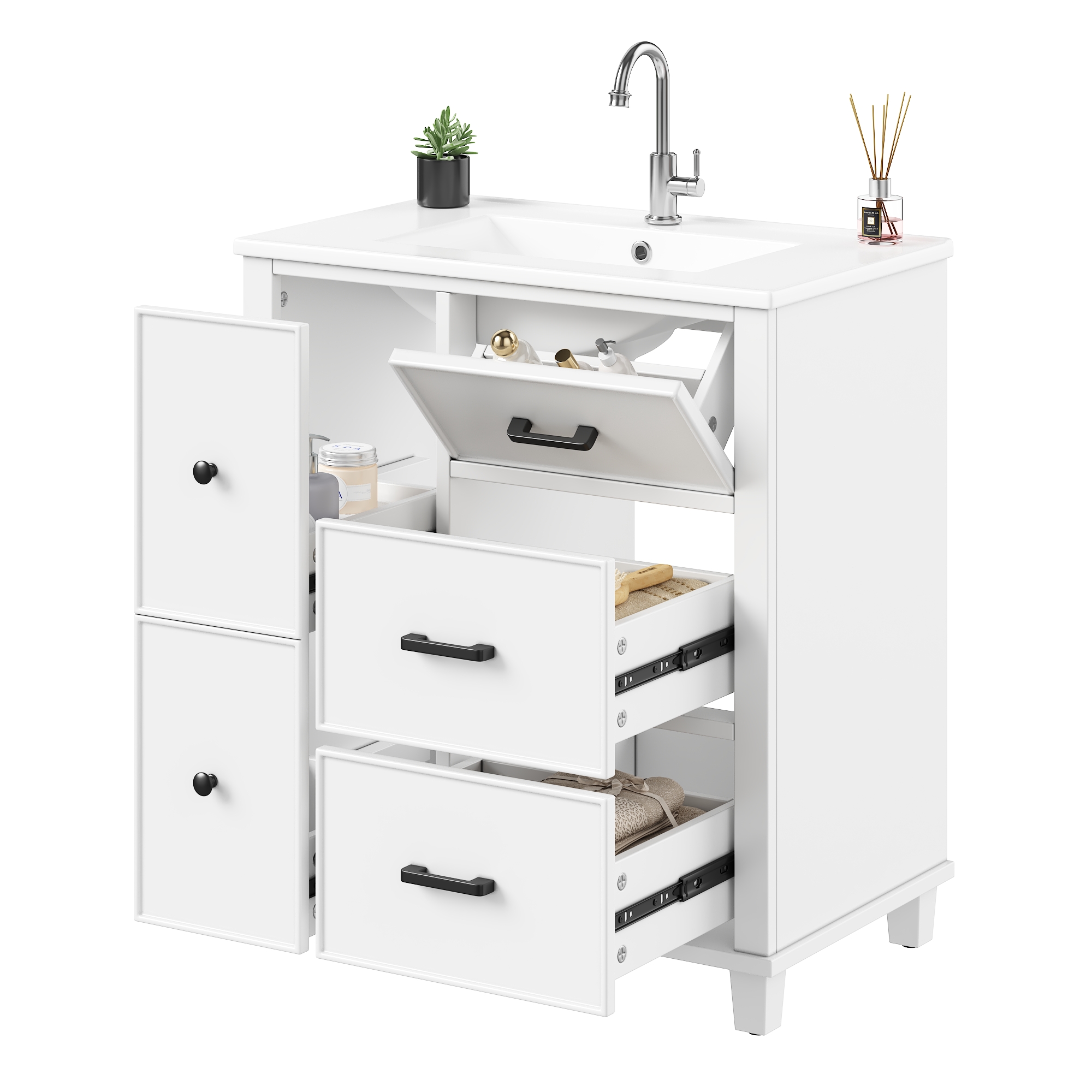Meuble de salle de bains, avec tiroirs, 76,5 x 47 x 83,5 cm, céramique et MDF, blanc - vue 1