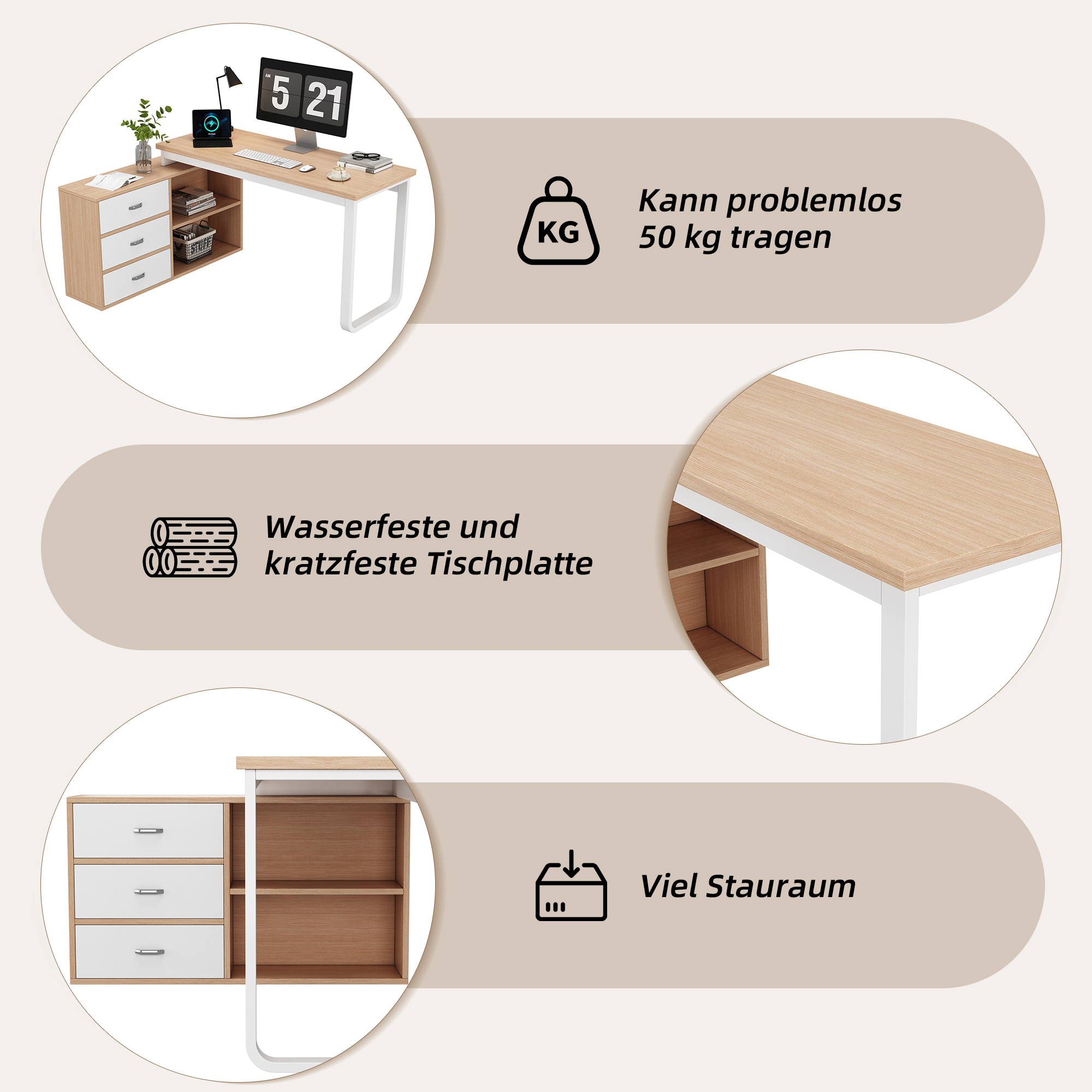 Bureau avec rangement 147 x 100 cm, bureau informatique avec 3 tiroirs, 2 niches et plateau 135 x 50 cm, effet bois naturel