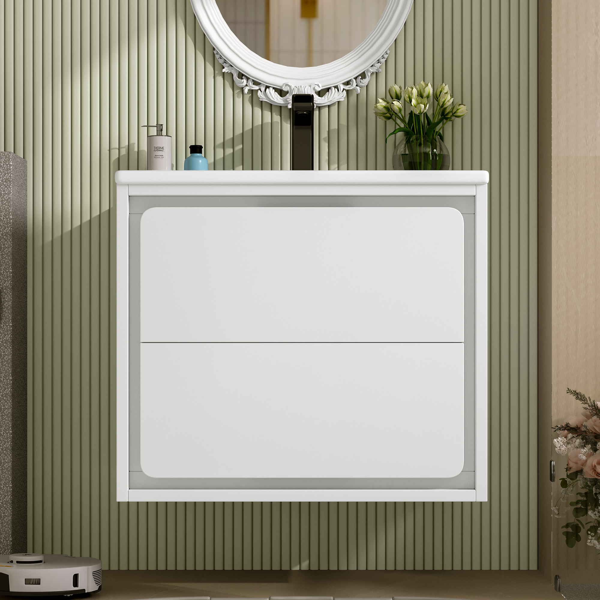 Meuble vasque de salle de bains, avec tiroirs, éclairage led, 60 x 46 x 50 cm, céramique et MDF, blanc - vue 5