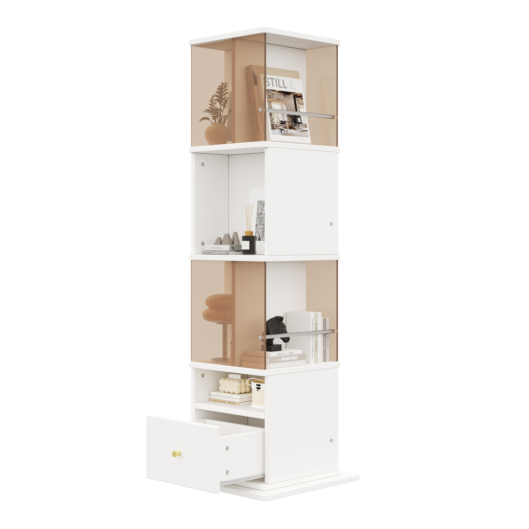 Vitrine, rotation à 360°, avec tiroirs, éléments en verre, 50 x 50 x 160 cm, verre et MDF, blanc - vue 1