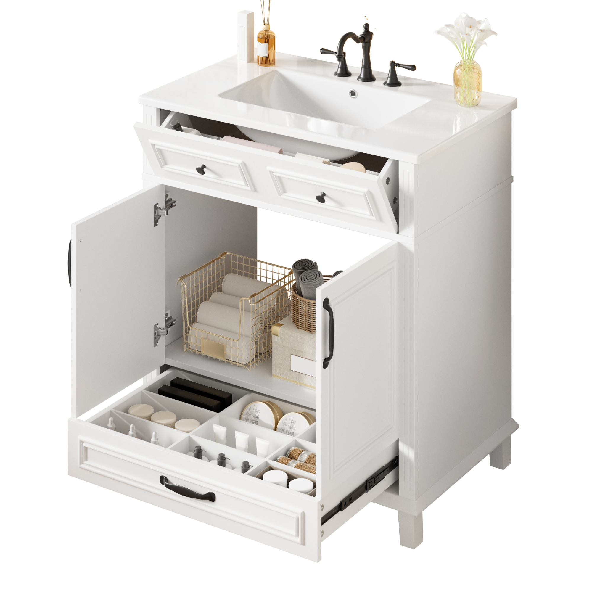 Meuble vasque de salle de bains, fermeture douce, 77 x 46 x 86 cm, céramique et MDF, blanc - vue 1