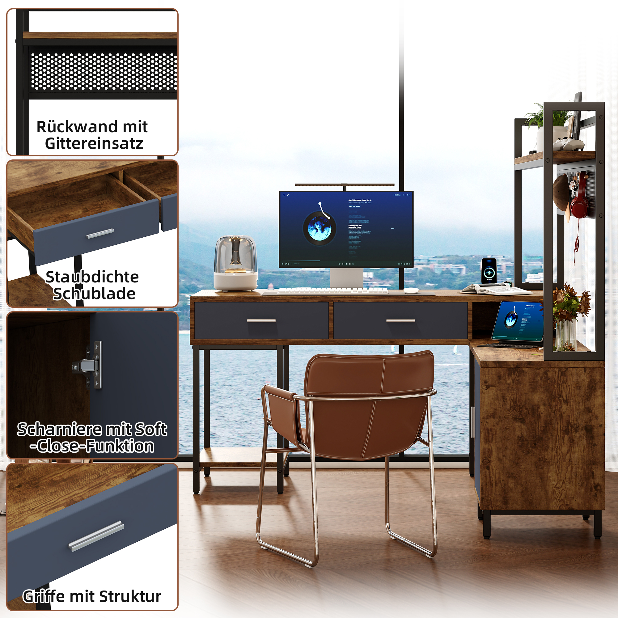 Bureau, avec tiroirs, 140 x 140 x 135 cm, métal et acier, noir - vue 3